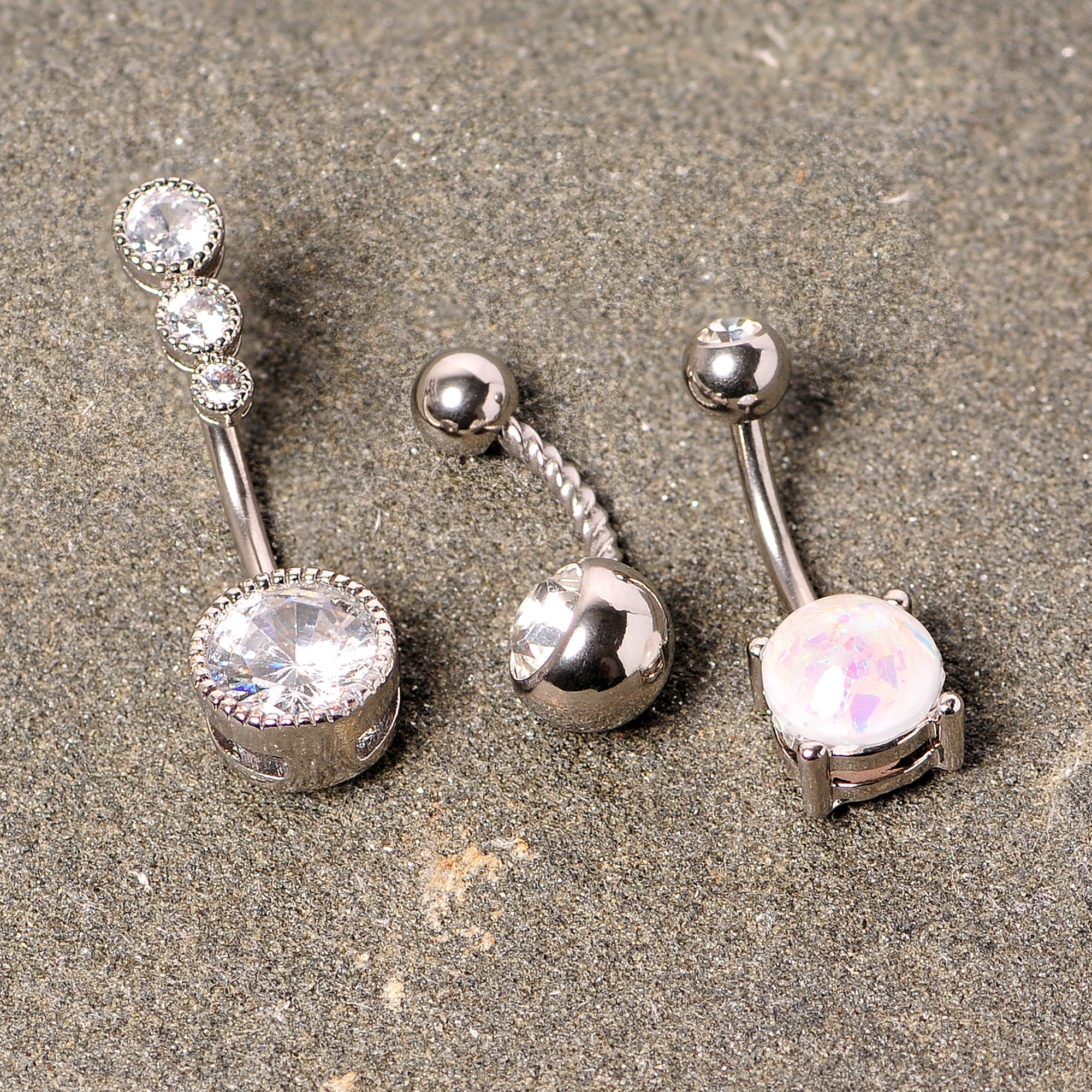 BodyCandy Clear Gem White Faux Opal Twisted Belly Ring Set of 3 — back view