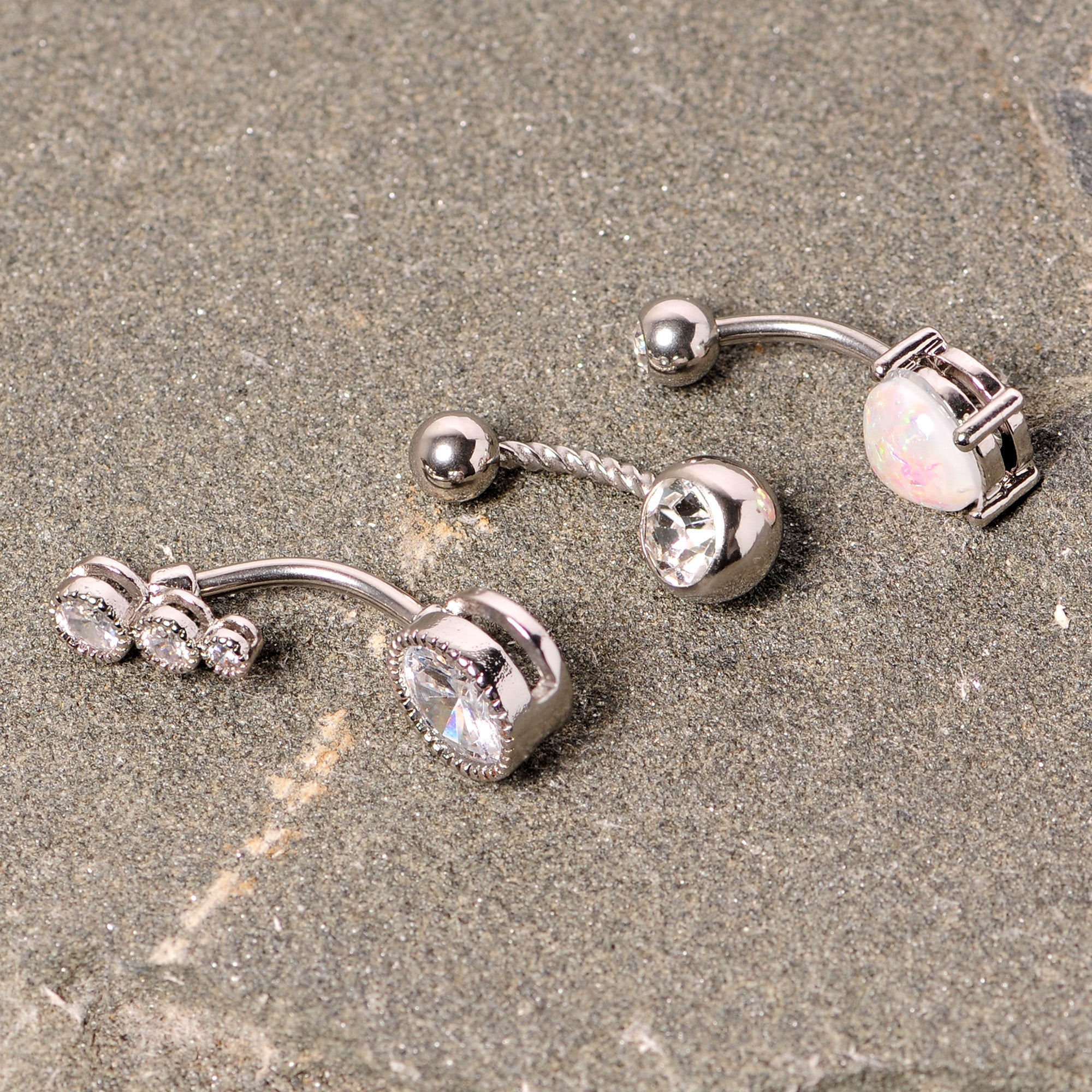 BodyCandy Clear Gem White Faux Opal Twisted Belly Ring Set of 3 — alternative angle