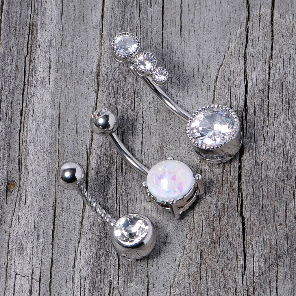 BodyCandy Clear Gem White Faux Opal Twisted Belly Ring Set of 3 — in-use photo