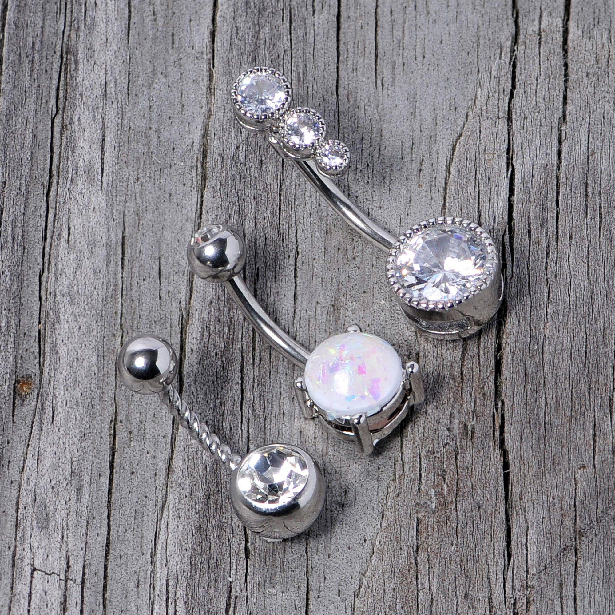 BodyCandy Clear Gem White Faux Opal Twisted Belly Ring Set of 3 — in-use photo