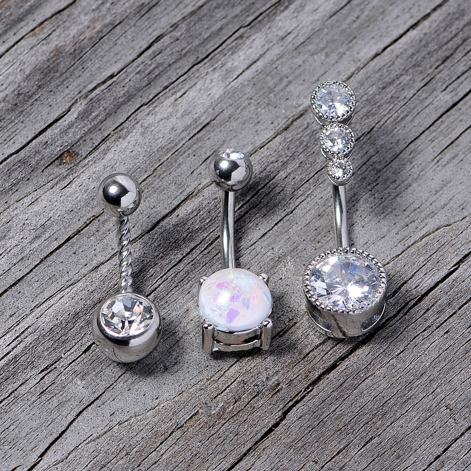BodyCandy Clear Gem White Faux Opal Twisted Belly Ring Set of 3 — size reference