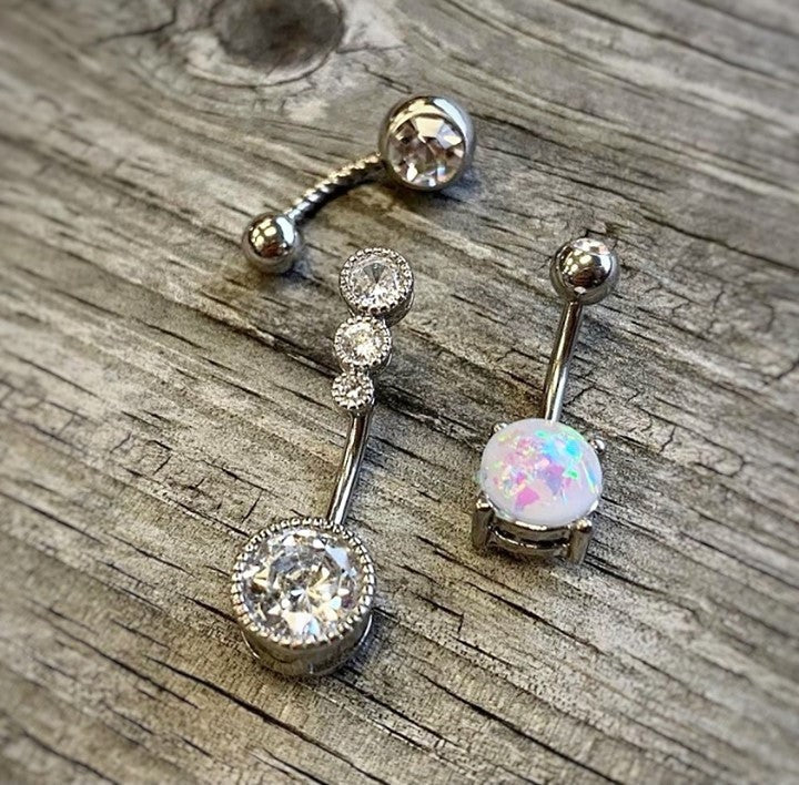 BodyCandy Clear Gem White Faux Opal Twisted Belly Ring Set of 3 — lifestyle context
