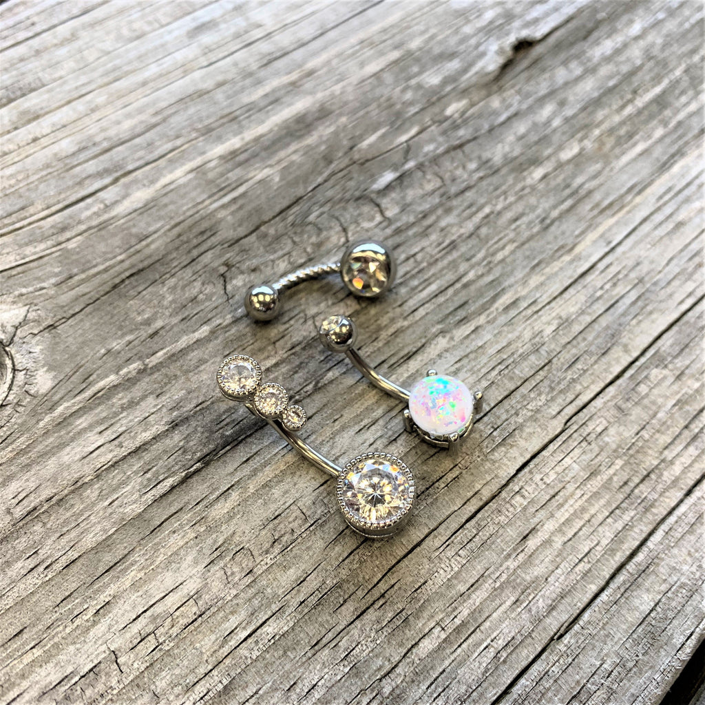 BodyCandy Clear Gem White Faux Opal Twisted Belly Ring Set of 3 — side view