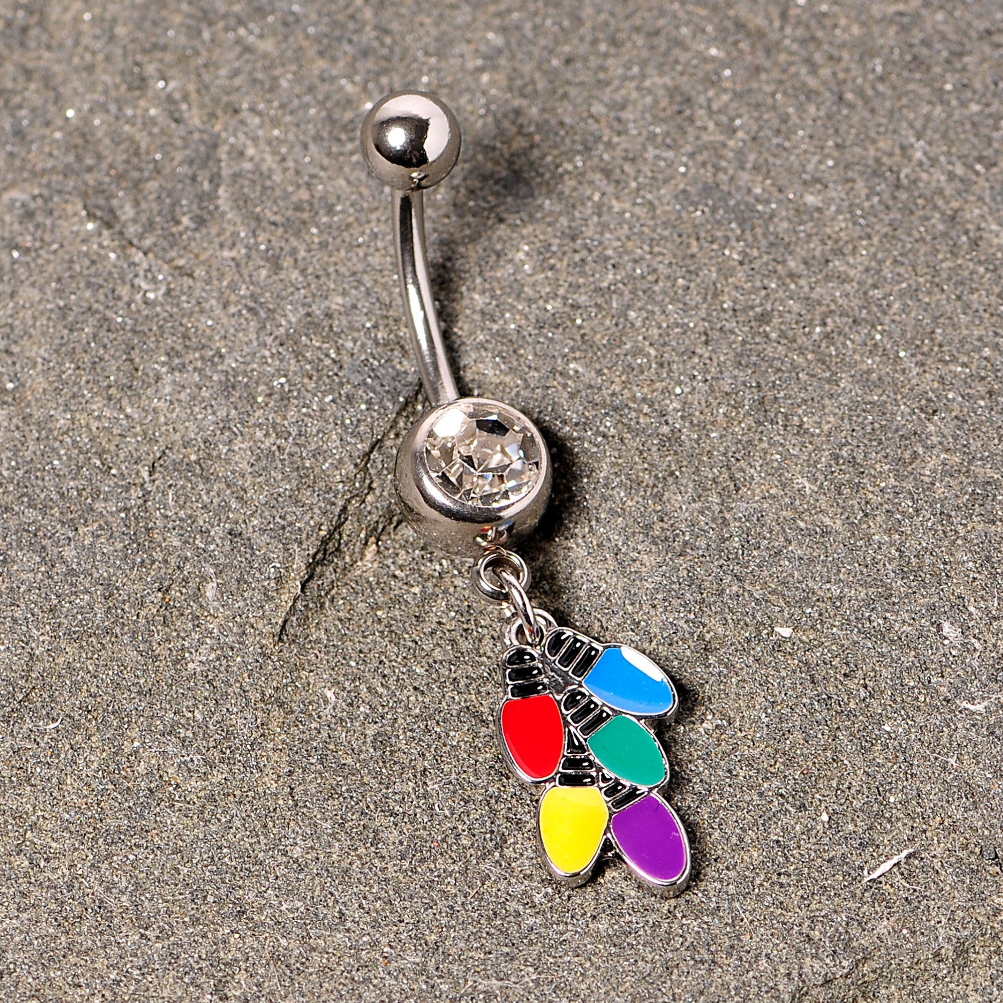 BodyCandy Clear Gem Christmas Lights Holiday Dangle Belly Ring — detail close-up