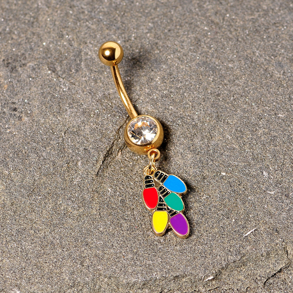 BodyCandy Clear Gem Gold Tone Christmas Lights Holiday Dangle Belly Ring — detail close-up