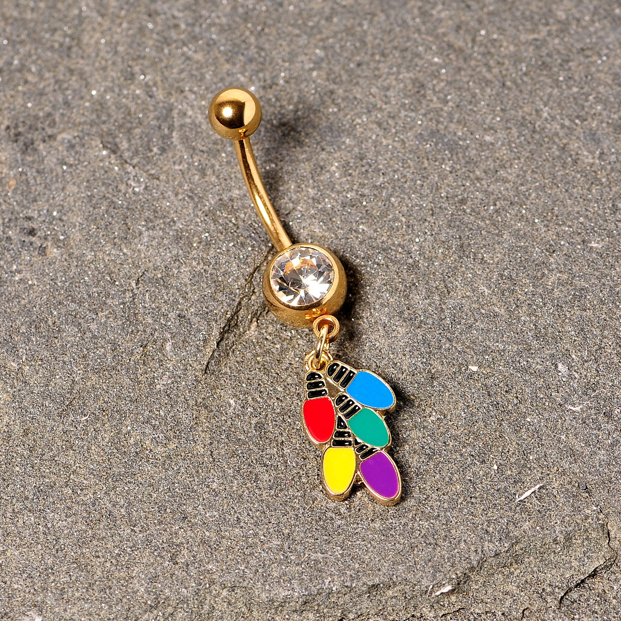 BodyCandy Clear Gem Gold Tone Christmas Lights Holiday Dangle Belly Ring — detail close-up