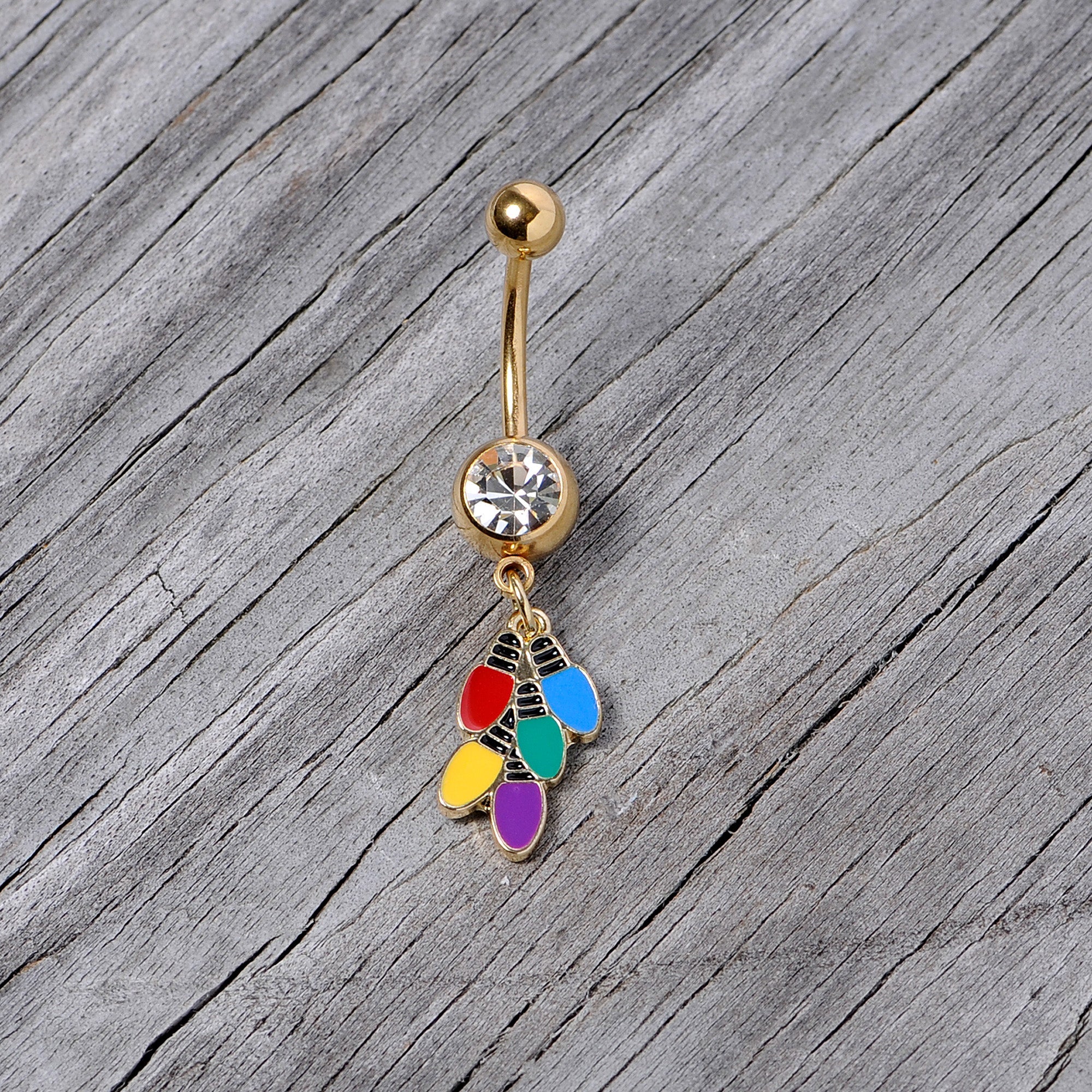 BodyCandy Clear Gem Gold Tone Christmas Lights Holiday Dangle Belly Ring — side view