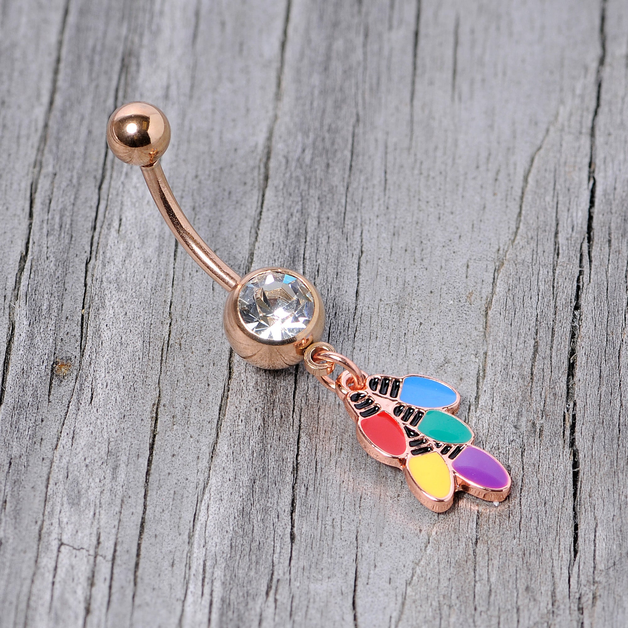 BodyCandy Clear Gem Rose Gold Tone Christmas Lights Holiday Dangle Belly Ring — side view