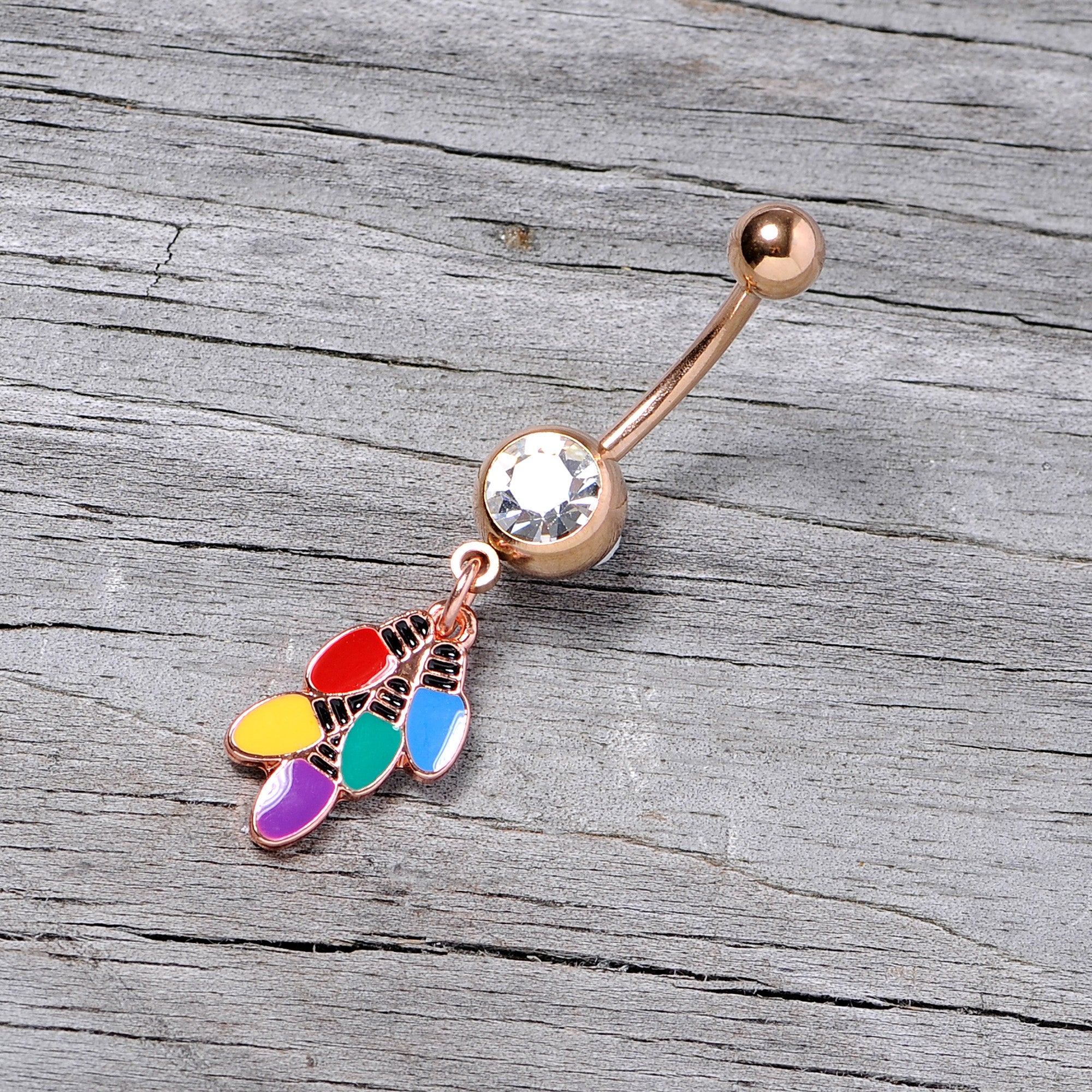 BodyCandy Clear Gem Rose Gold Tone Christmas Lights Holiday Dangle Belly Ring — back view