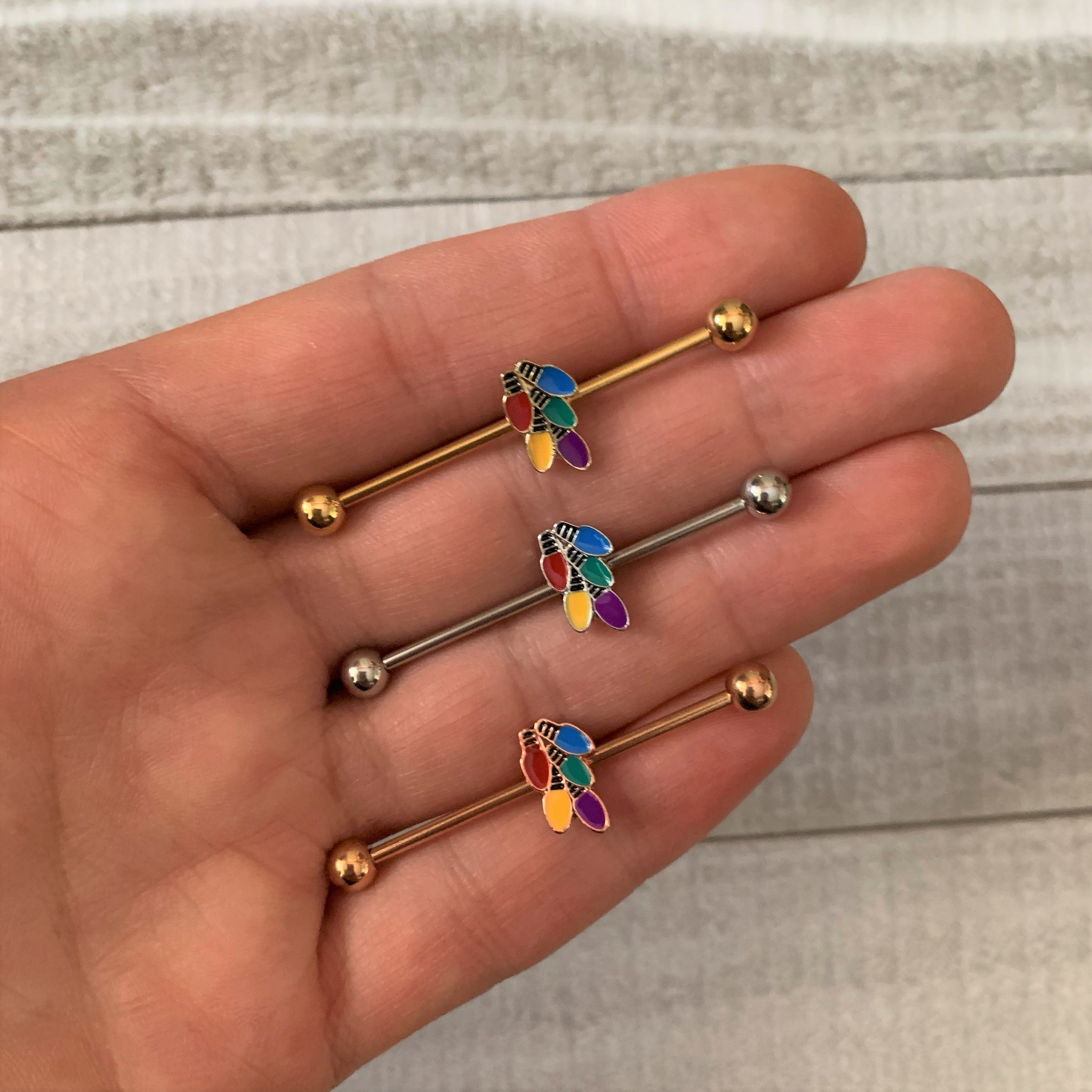 BodyCandy 14G Gold Tone Christmas Lights Industrial Barbell 38mm — detail close-up
