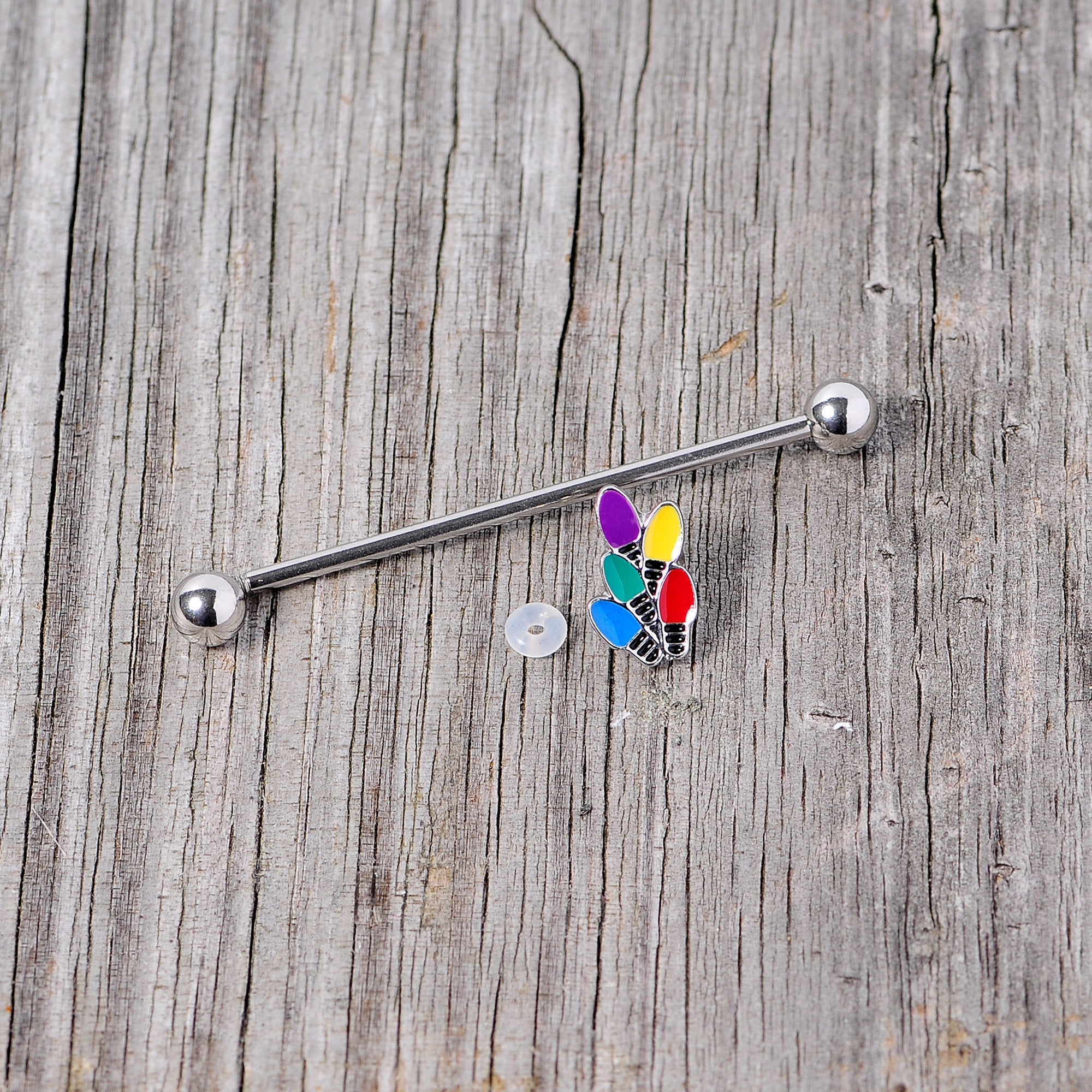 BodyCandy 14G Christmas Lights Industrial Barbell 38mm — in-use photo