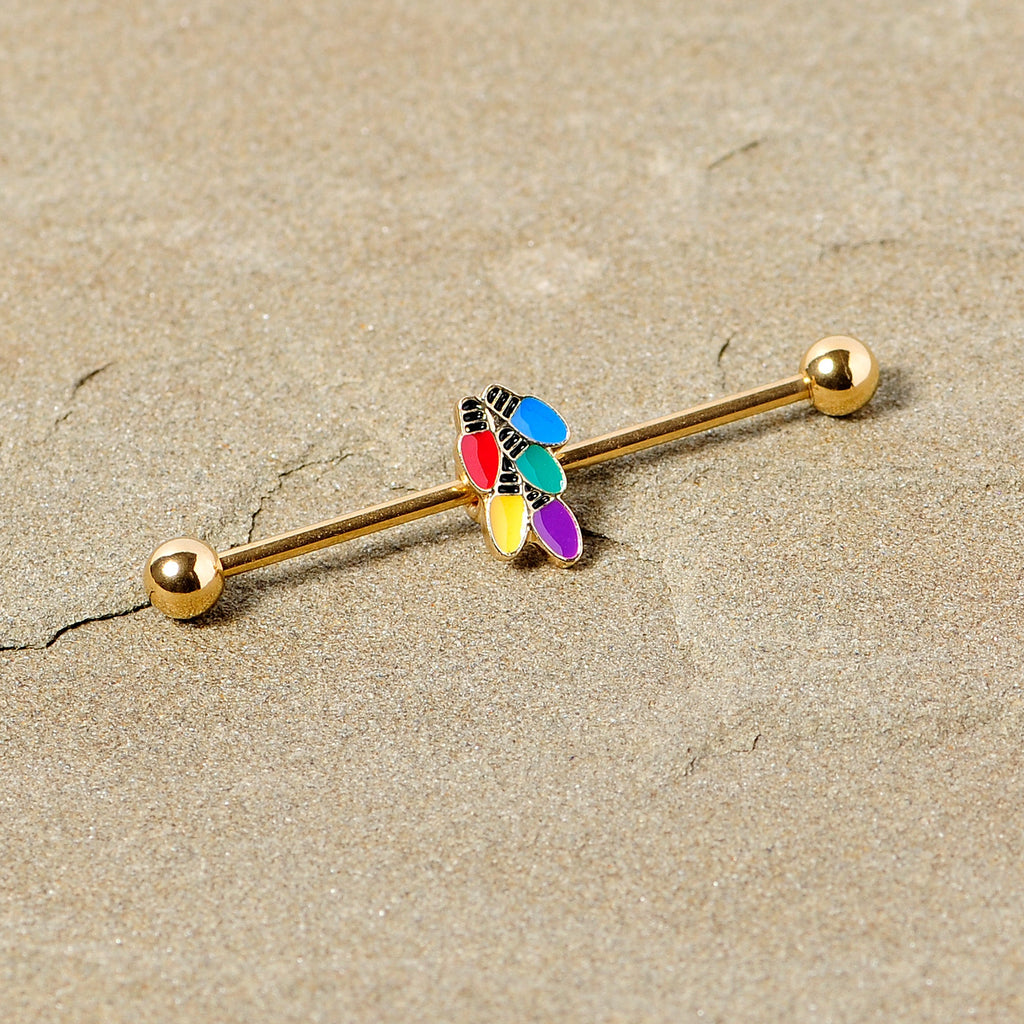 BodyCandy 14G Gold Tone Christmas Lights Industrial Barbell 38mm — side view