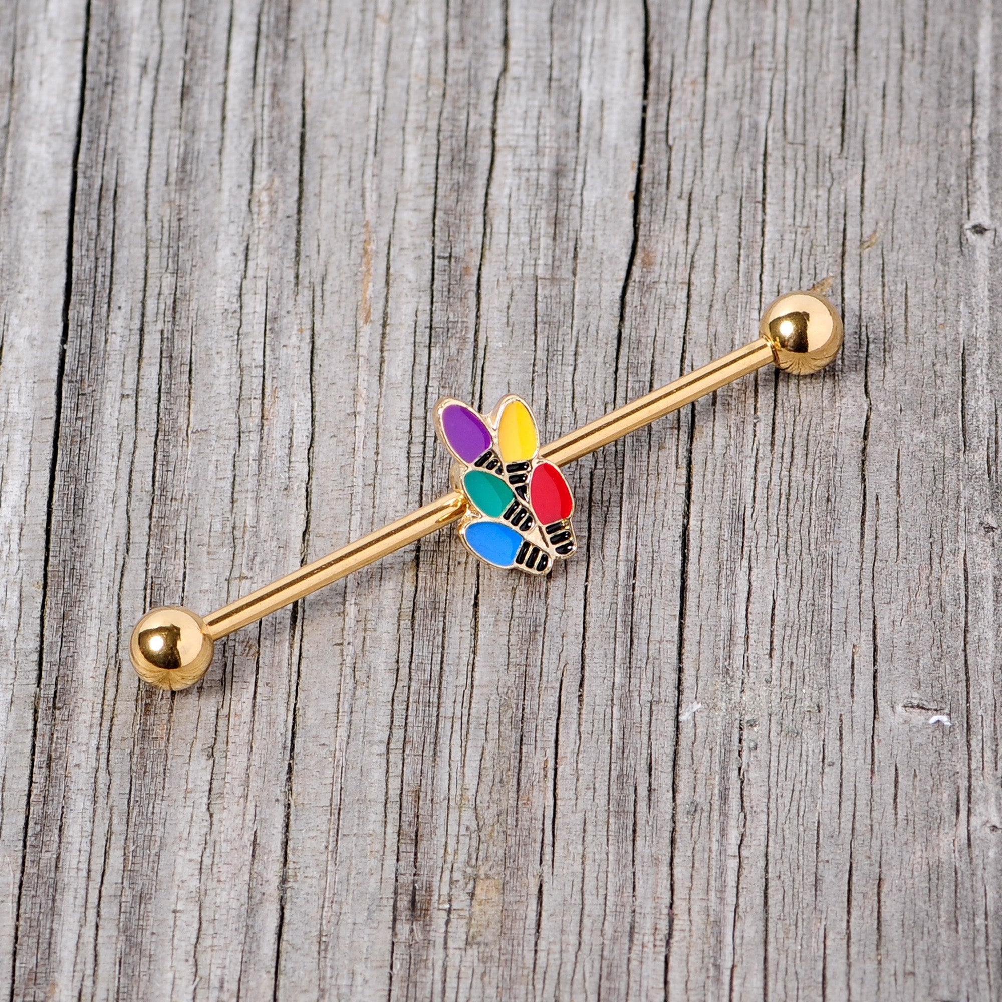 BodyCandy 14G Gold Tone Christmas Lights Industrial Barbell 38mm — back view