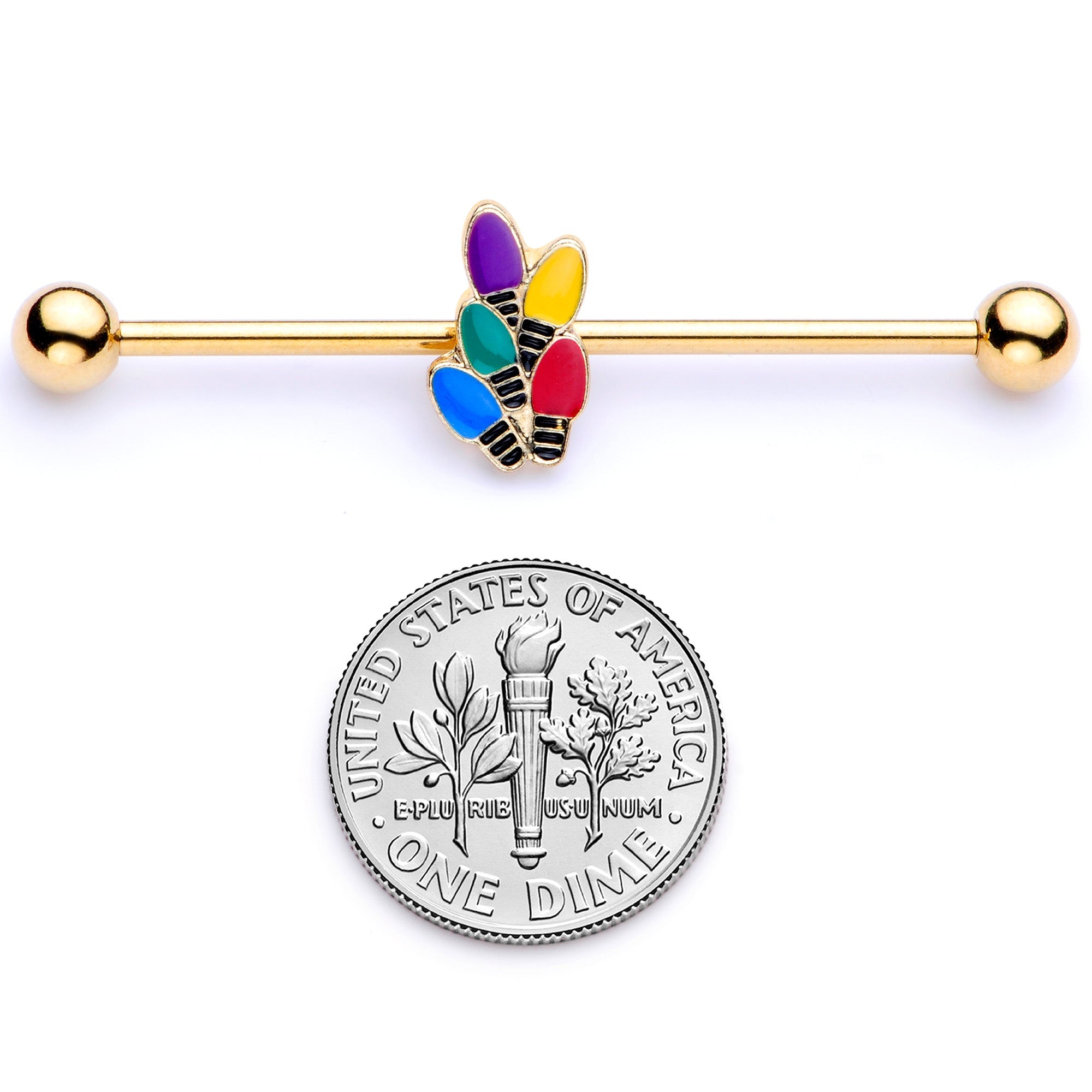 BodyCandy 14G Gold Tone Christmas Lights Industrial Barbell 38mm — in-use photo
