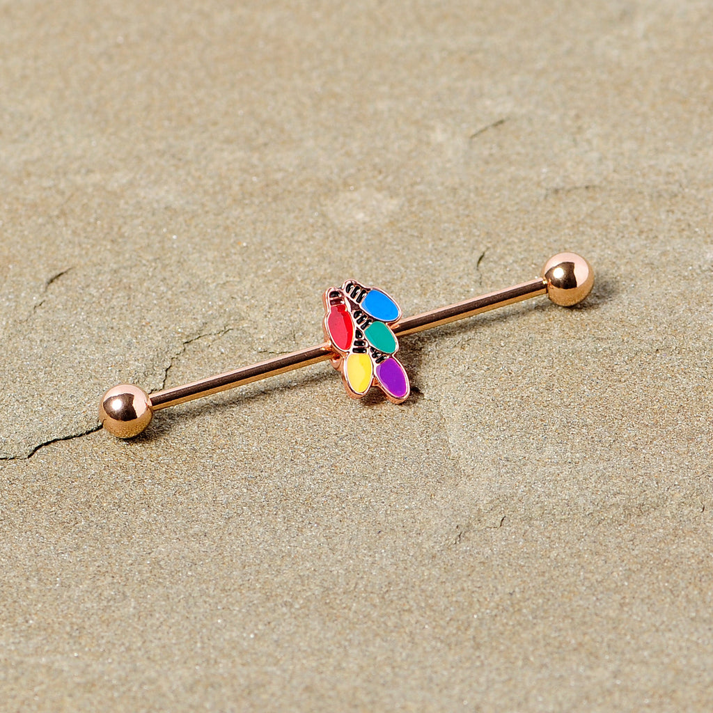 BodyCandy 14G Rose Gold Tone Christmas Lights Industrial Barbell 38mm — side view
