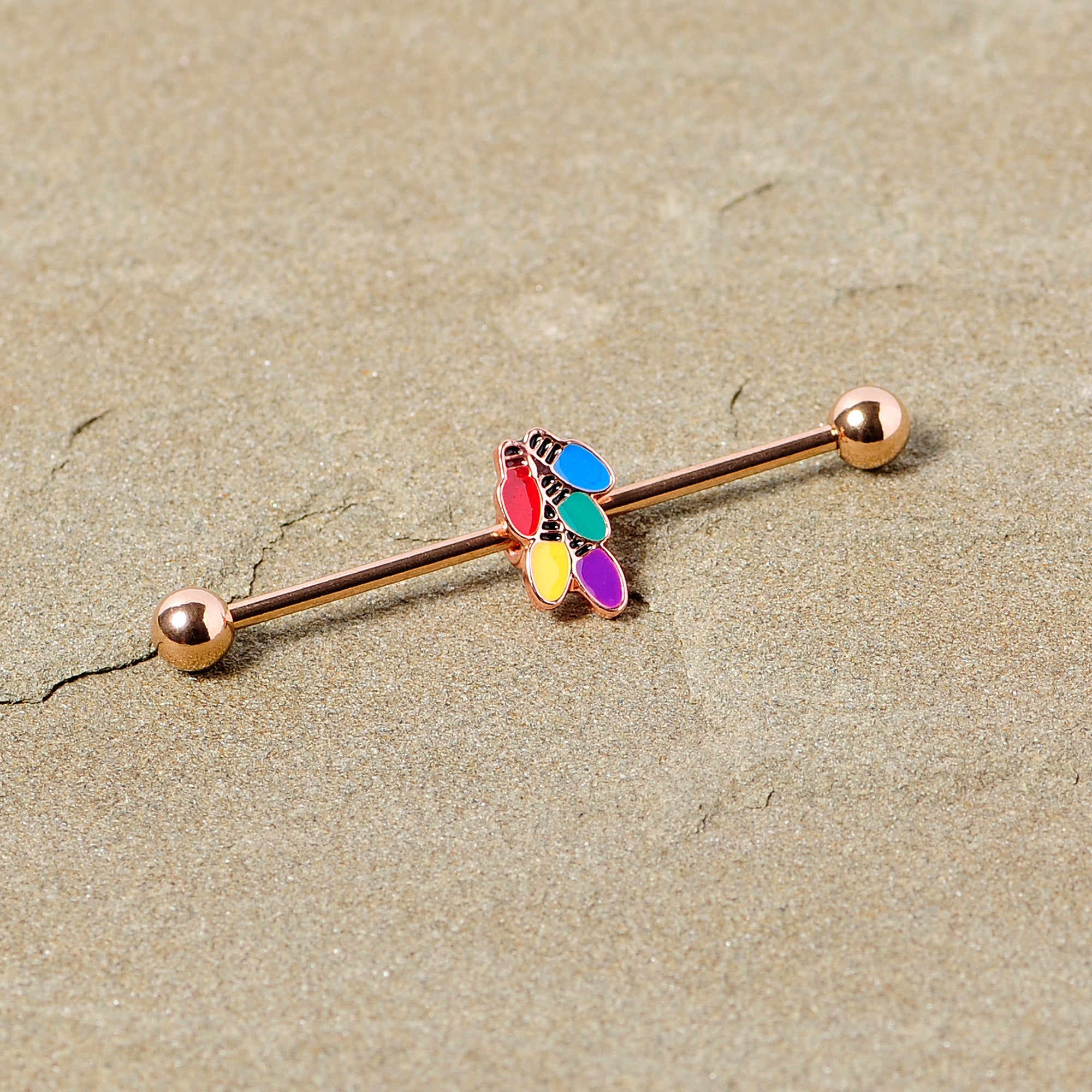 BodyCandy 14G Rose Gold Tone Christmas Lights Industrial Barbell 38mm — side view