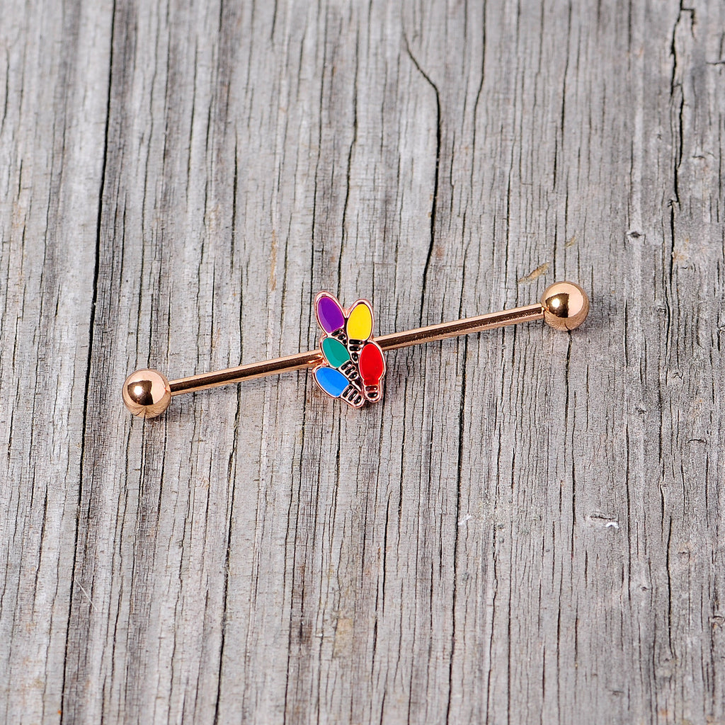 BodyCandy 14G Rose Gold Tone Christmas Lights Industrial Barbell 38mm — back view