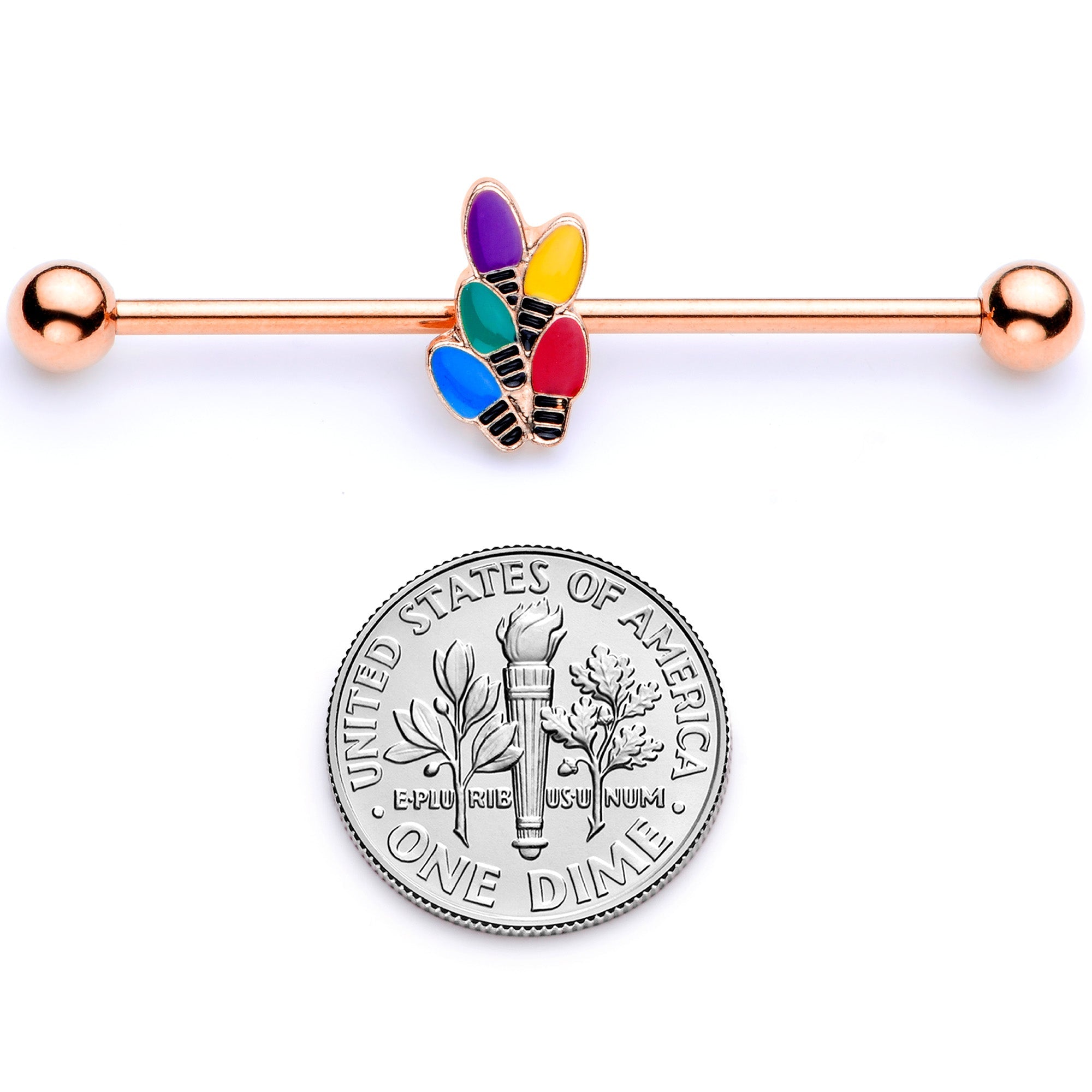 BodyCandy 14G Rose Gold Tone Christmas Lights Industrial Barbell 38mm — in-use photo
