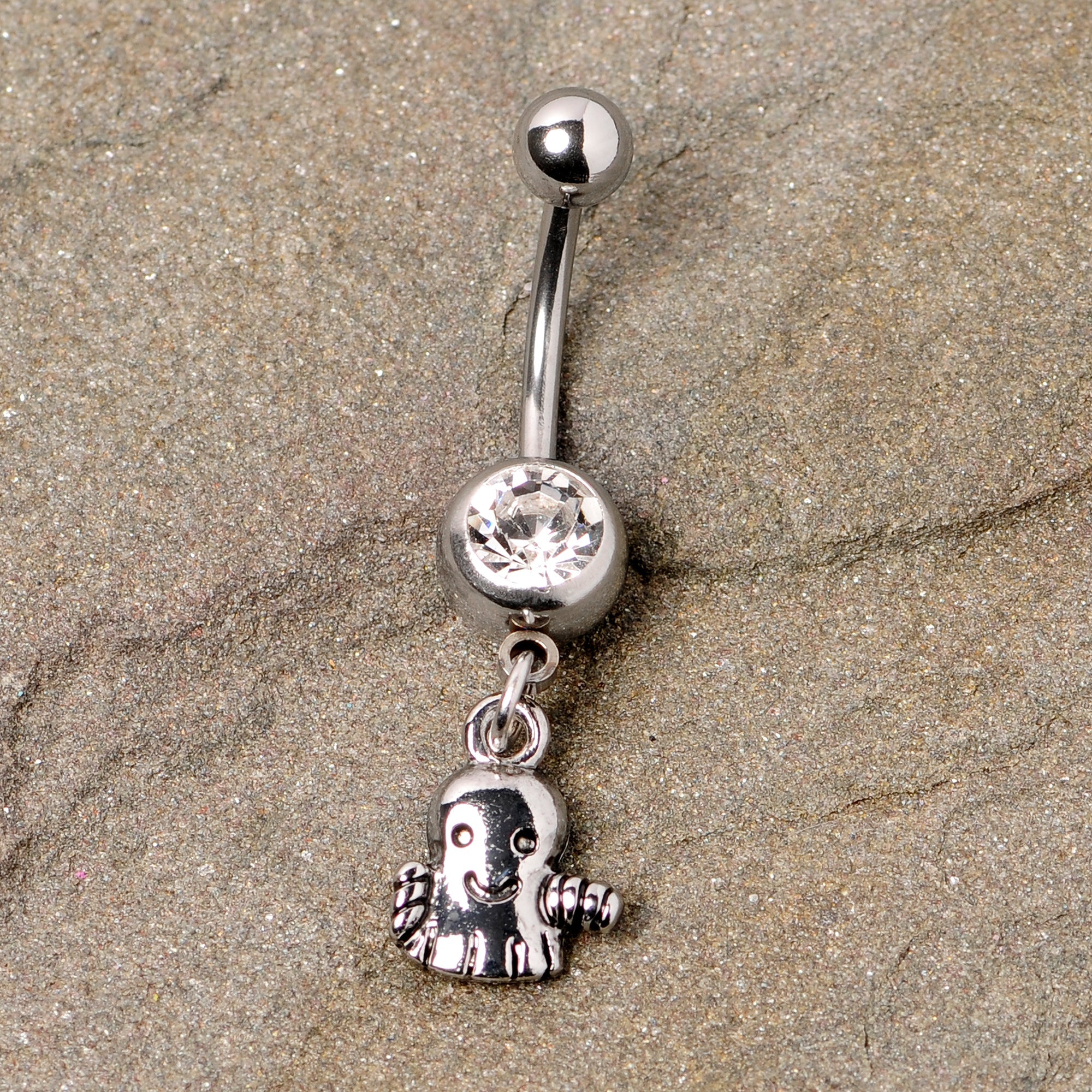 BodyCandy Clear Gem Happy Ghost Halloween Dangle Belly Ring — detail close-up