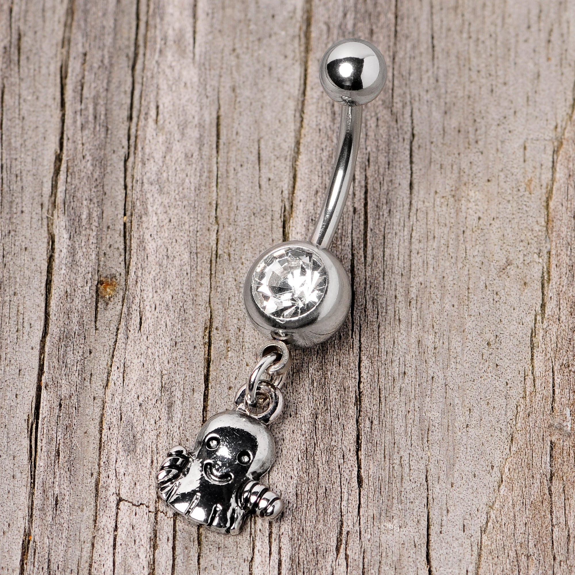 BodyCandy Clear Gem Happy Ghost Halloween Dangle Belly Ring — lifestyle context