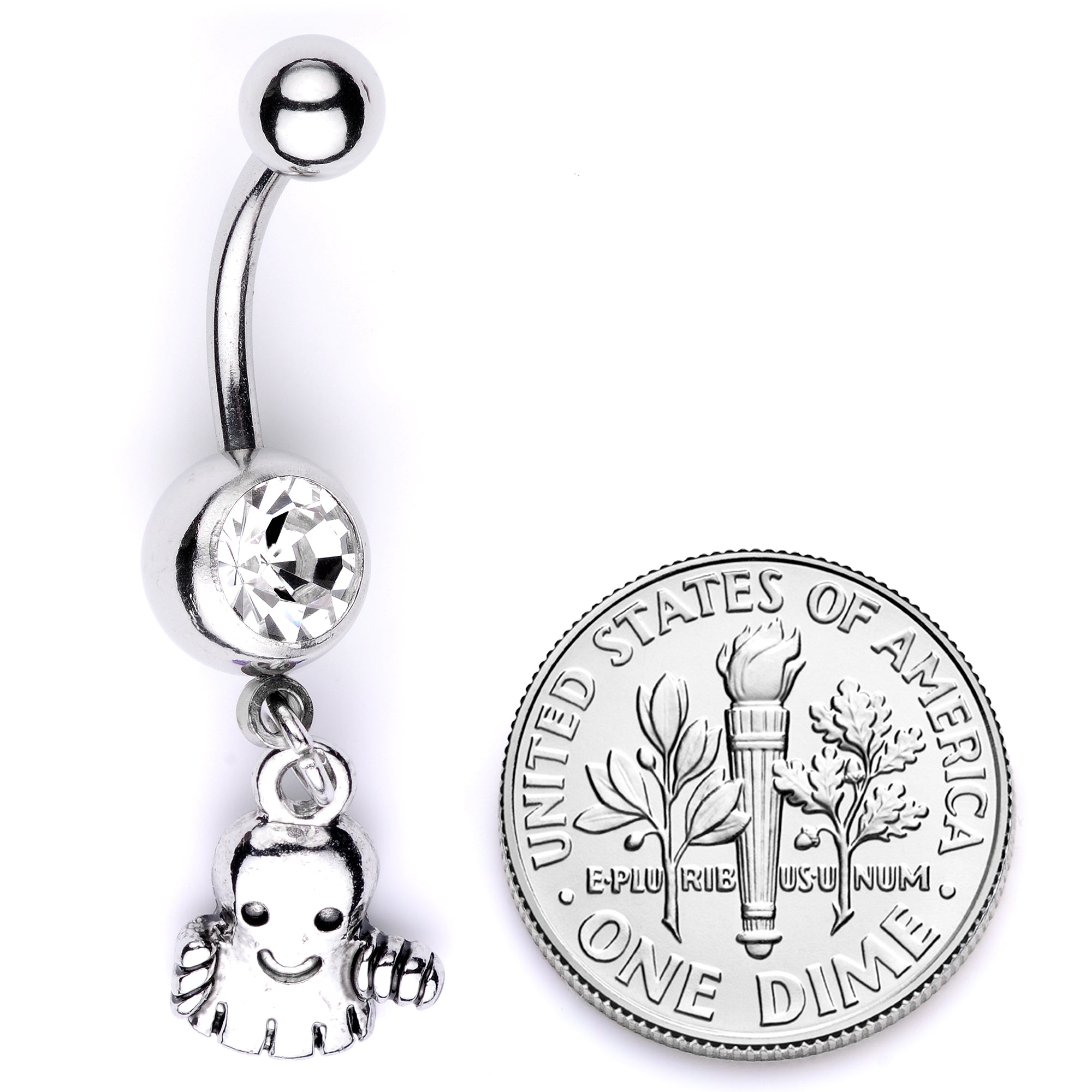 BodyCandy Clear Gem Happy Ghost Halloween Dangle Belly Ring — back view