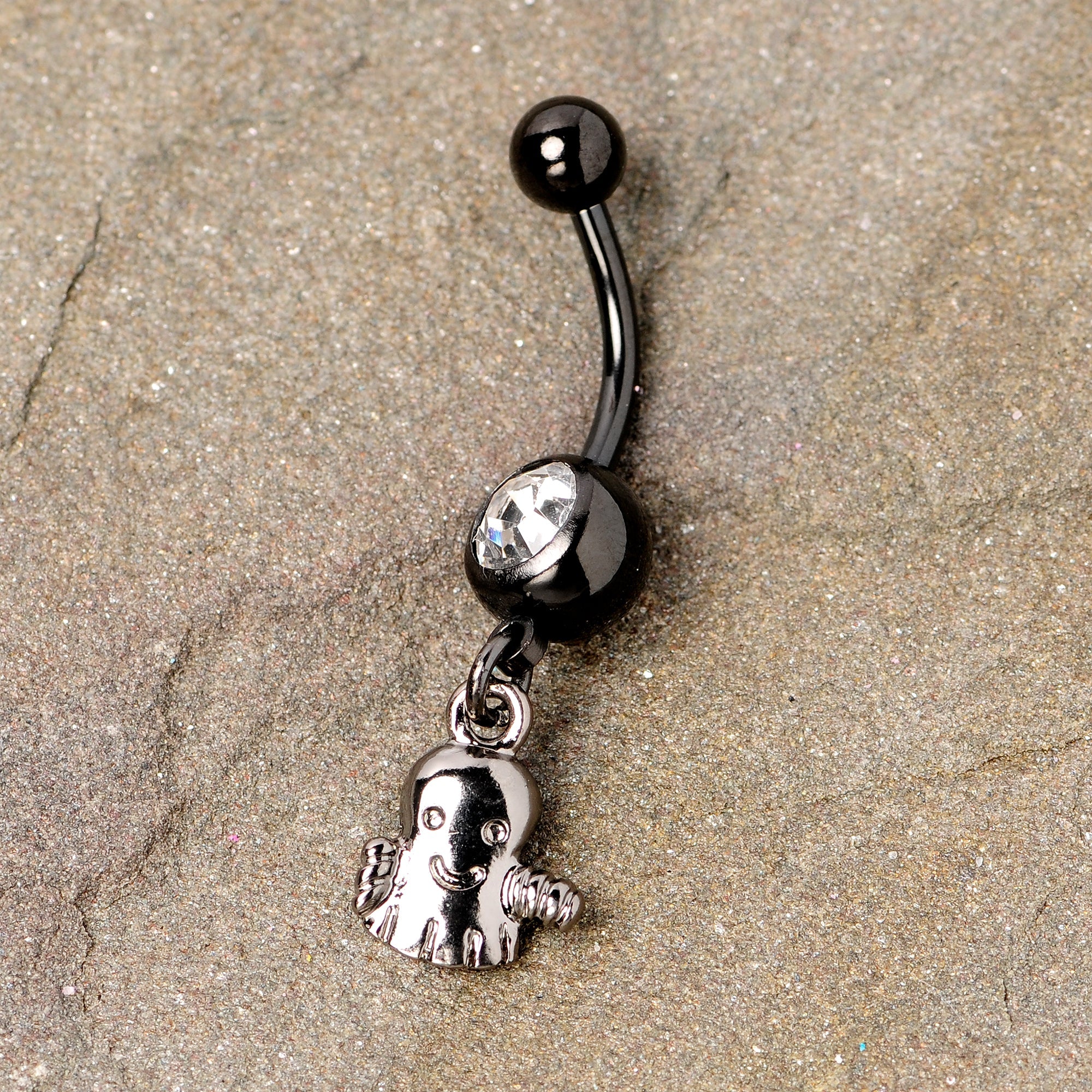 BodyCandy Clear Gem Black Happy Ghost Halloween Dangle Belly Ring — detail close-up