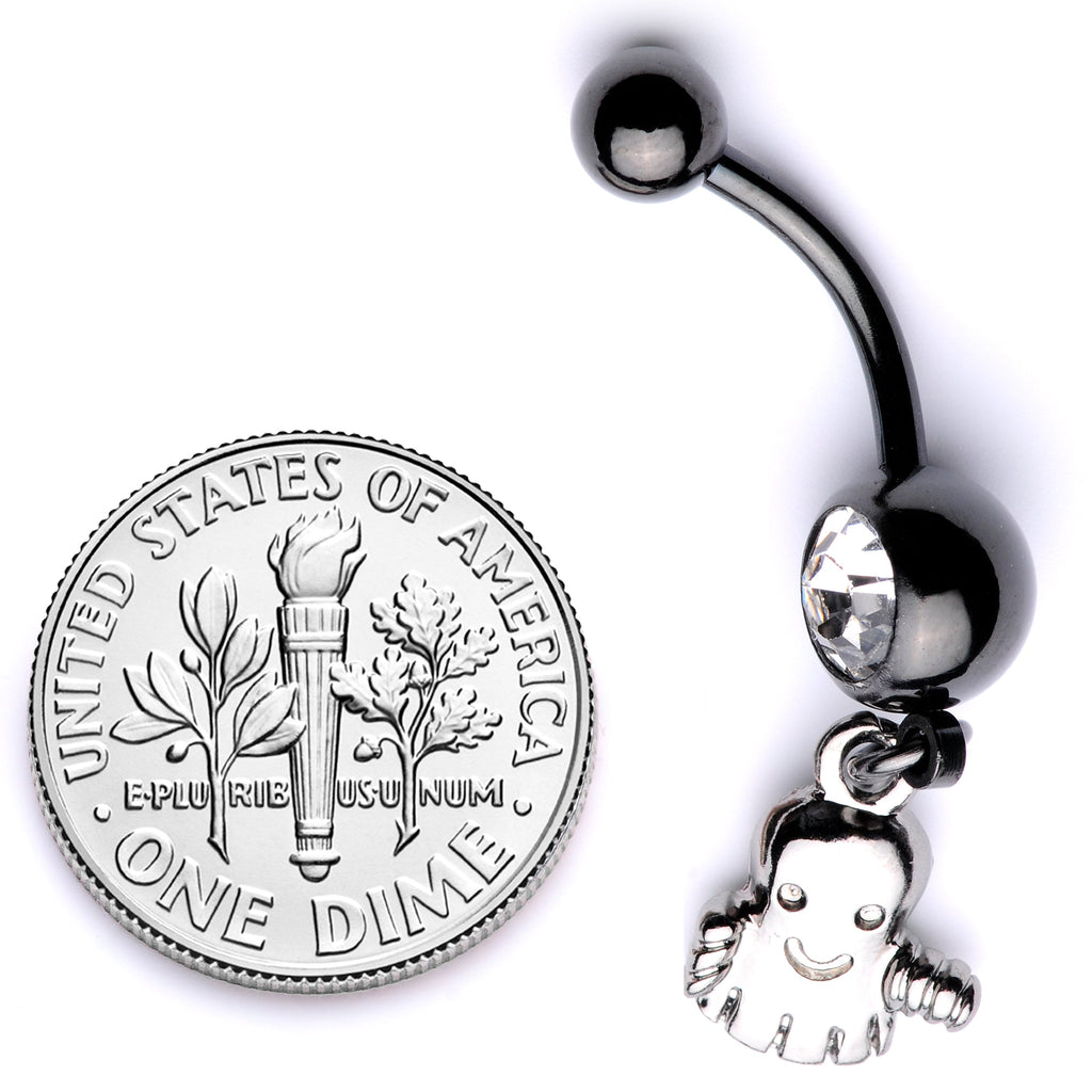 BodyCandy Clear Gem Black Happy Ghost Halloween Dangle Belly Ring — side view