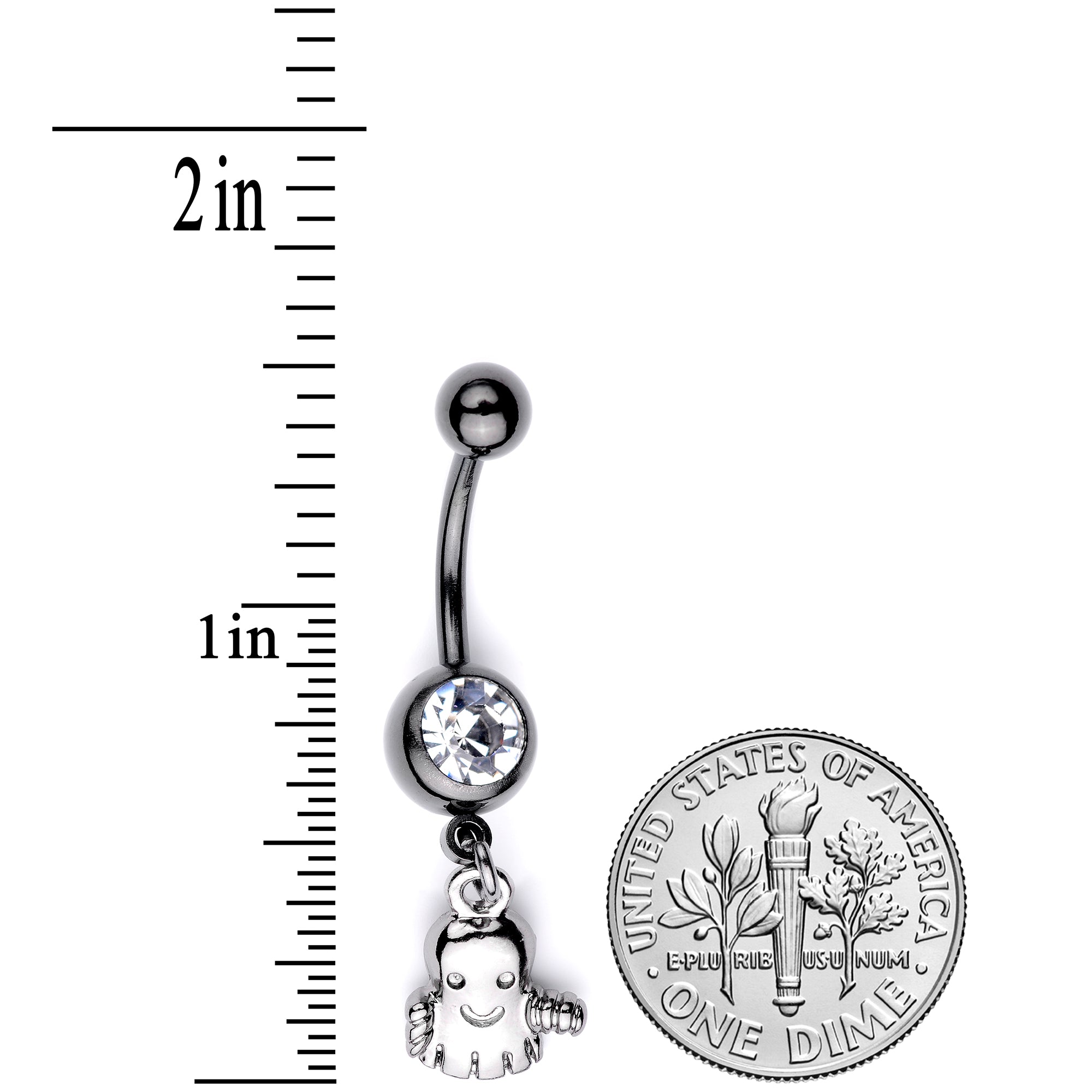BodyCandy Clear Gem Black Happy Ghost Halloween Dangle Belly Ring — back view