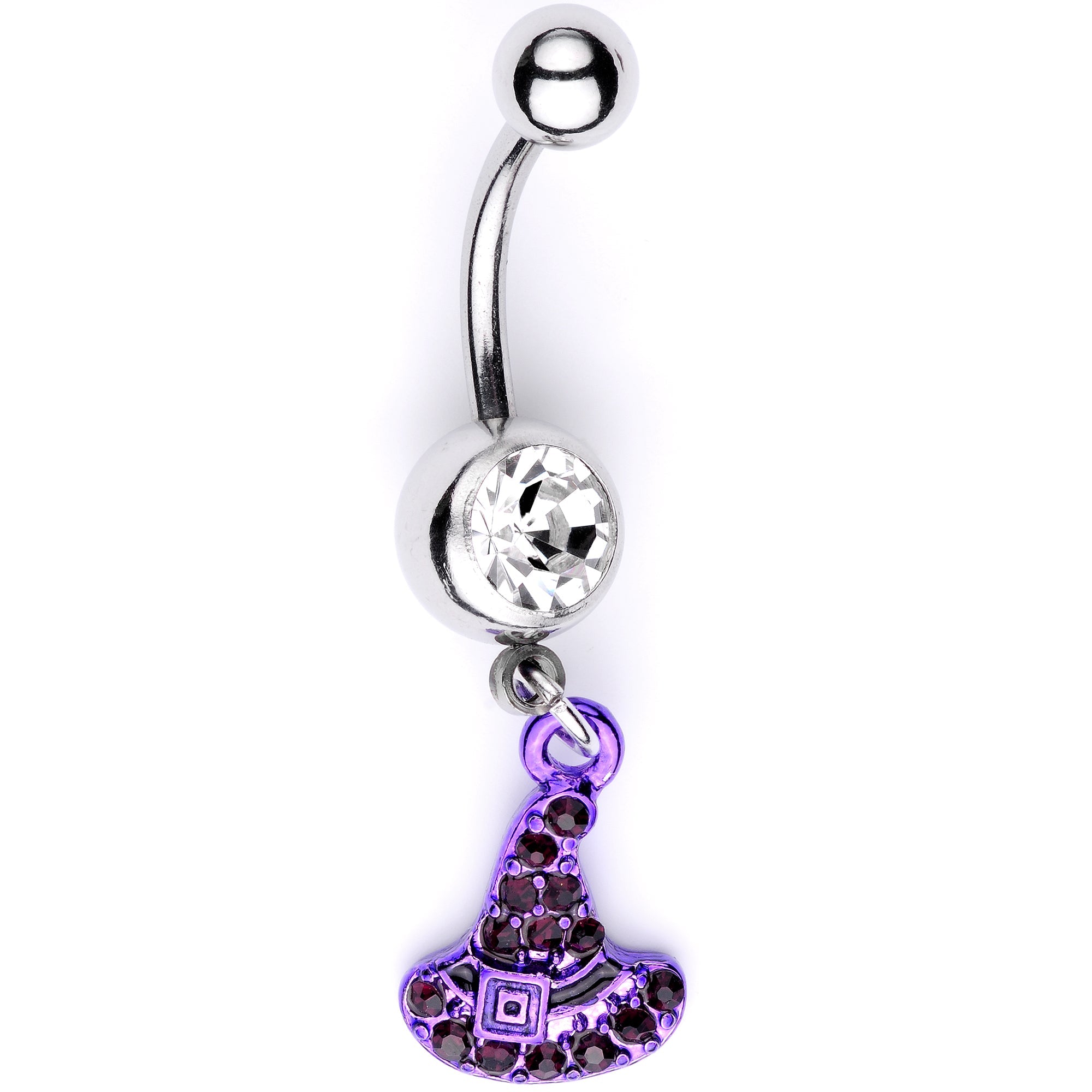 BodyCandy Clear Black Gem Purple Witch Hat Halloween Dangle Belly Ring — main product shot