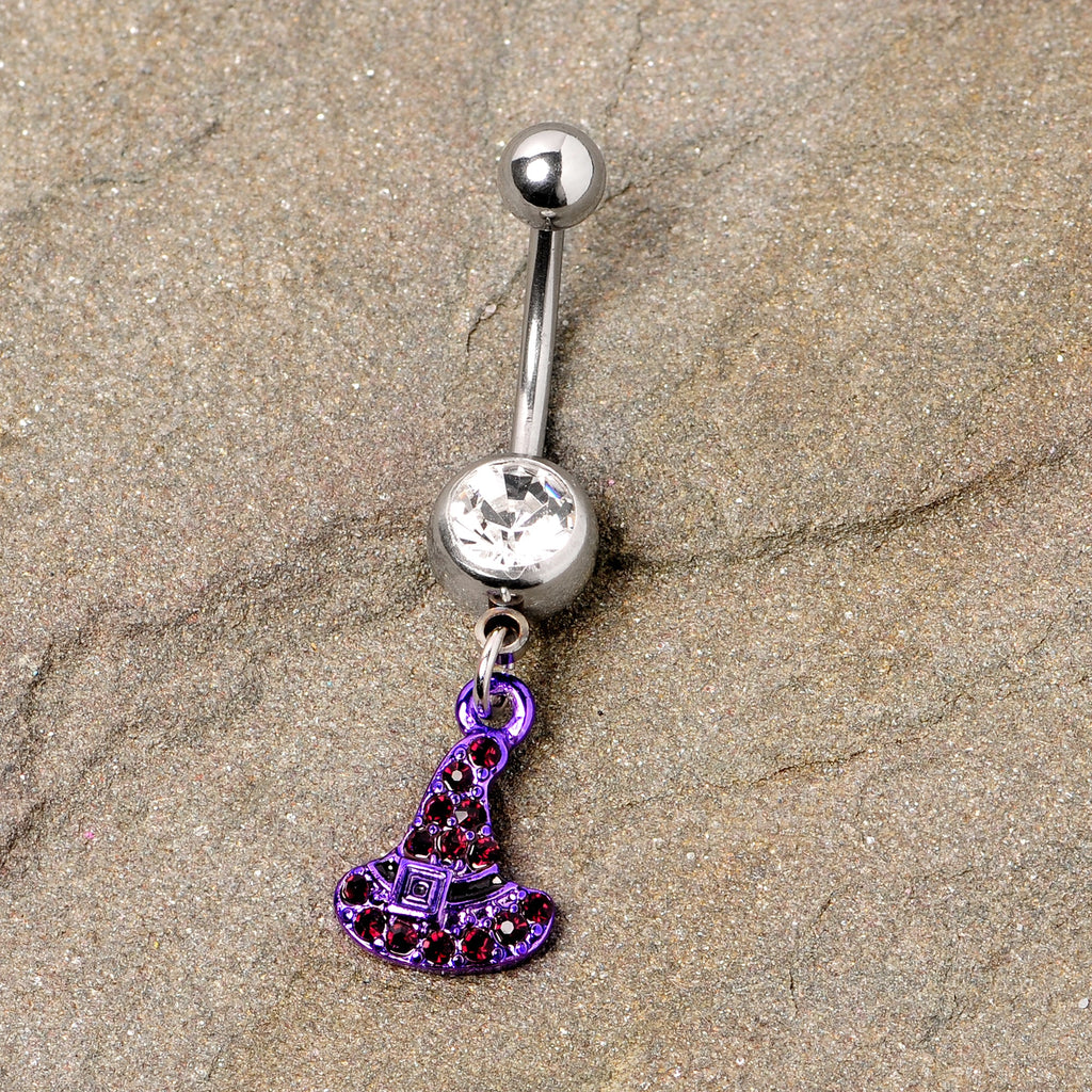BodyCandy Clear Black Gem Purple Witch Hat Halloween Dangle Belly Ring — detail close-up