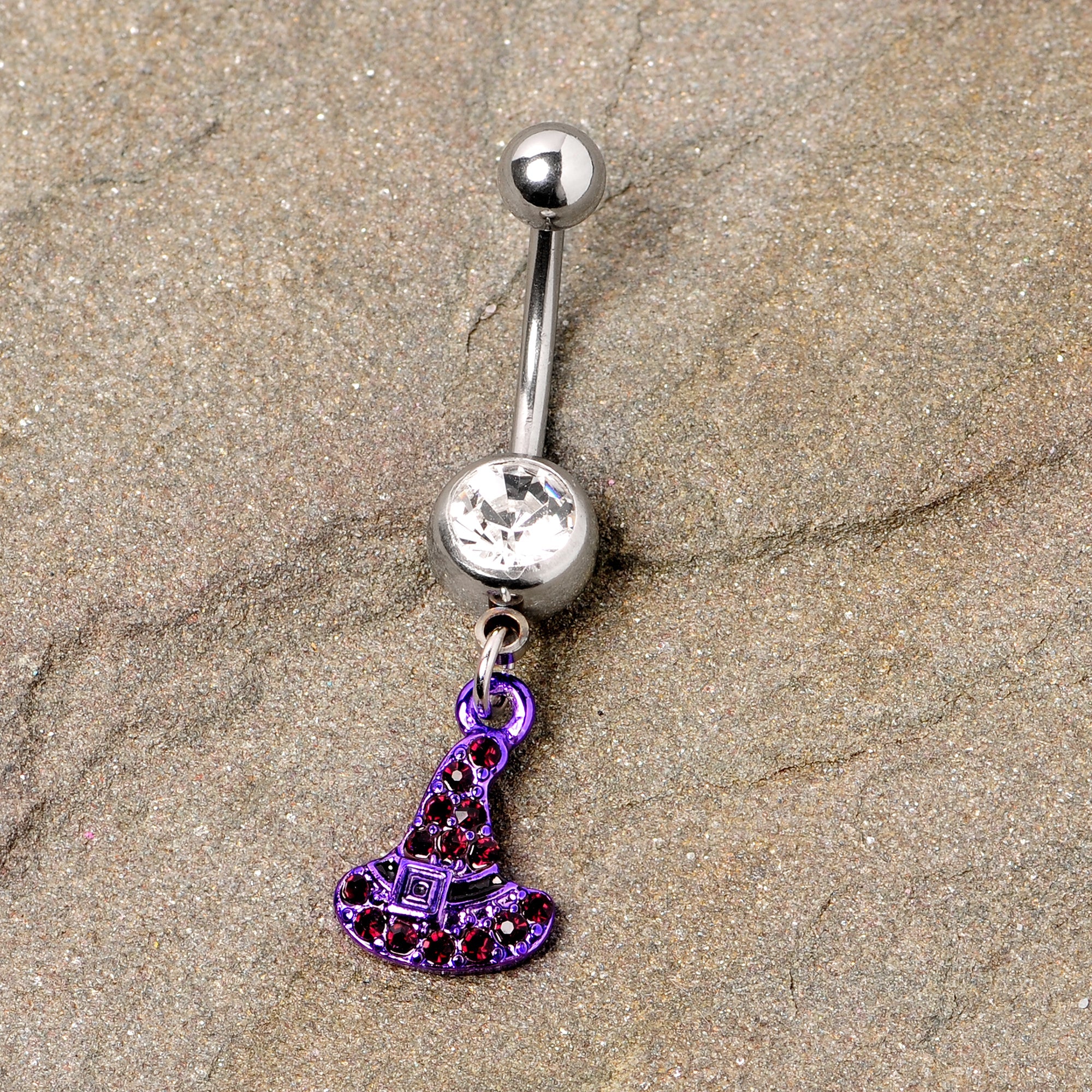 BodyCandy Clear Black Gem Purple Witch Hat Halloween Dangle Belly Ring — detail close-up