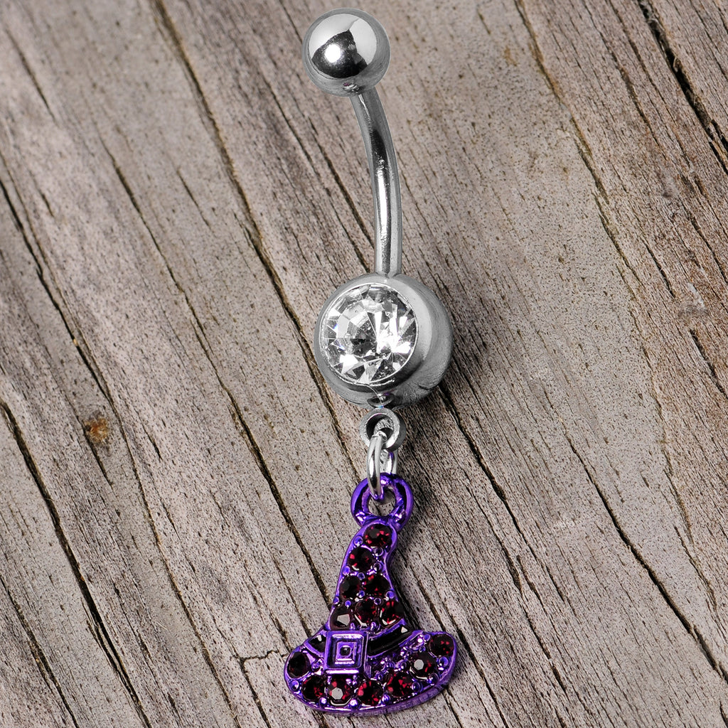 BodyCandy Clear Black Gem Purple Witch Hat Halloween Dangle Belly Ring — side view