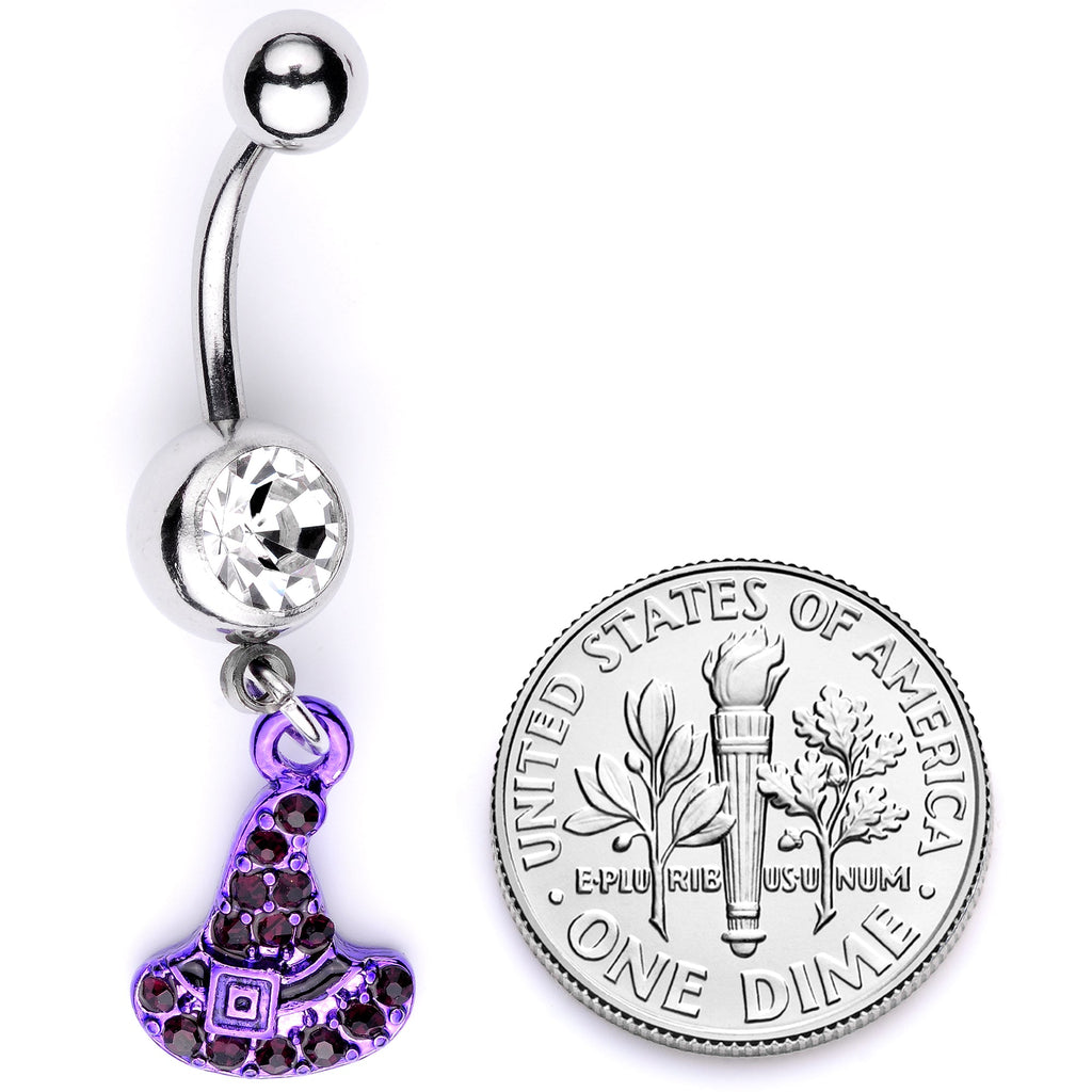 BodyCandy Clear Black Gem Purple Witch Hat Halloween Dangle Belly Ring — back view