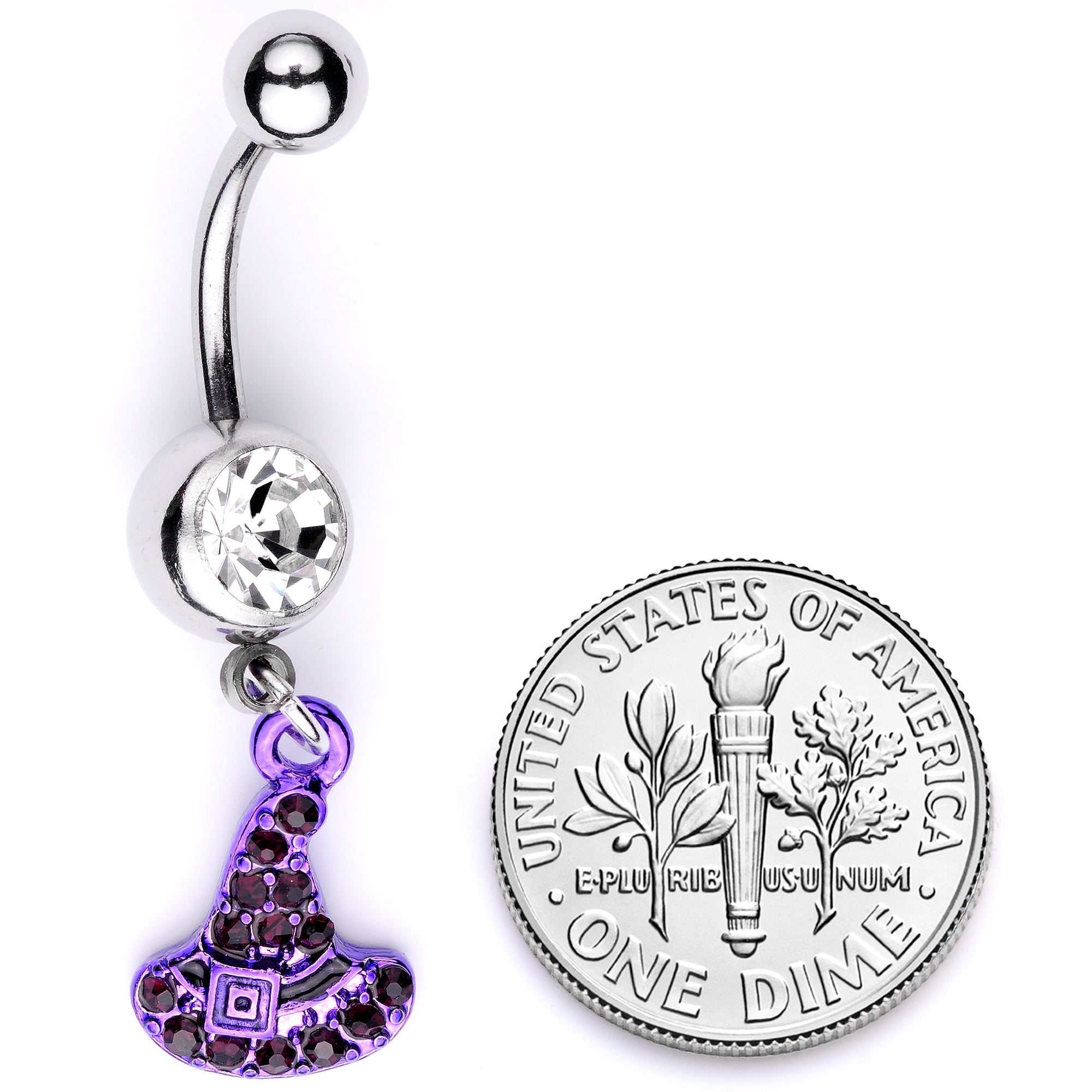 BodyCandy Clear Black Gem Purple Witch Hat Halloween Dangle Belly Ring — back view