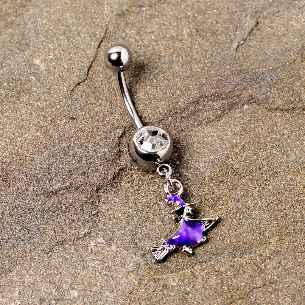 BodyCandy Clear Gem Blue Flying Witch Halloween Dangle Belly Ring — detail close-up