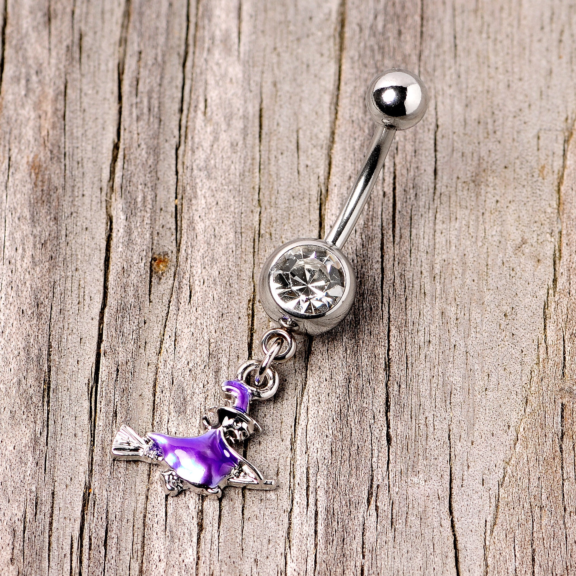 BodyCandy Clear Gem Blue Flying Witch Halloween Dangle Belly Ring — lifestyle context