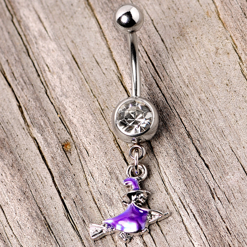 BodyCandy Clear Gem Blue Flying Witch Halloween Dangle Belly Ring — side view