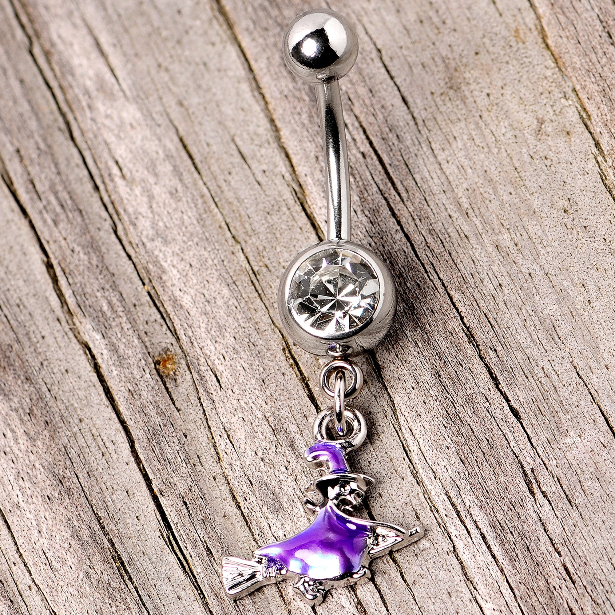 BodyCandy Clear Gem Blue Flying Witch Halloween Dangle Belly Ring — side view