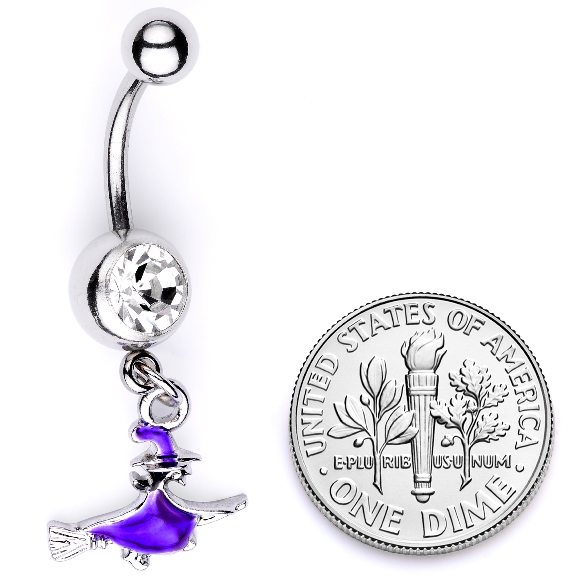 BodyCandy Clear Gem Blue Flying Witch Halloween Dangle Belly Ring — back view