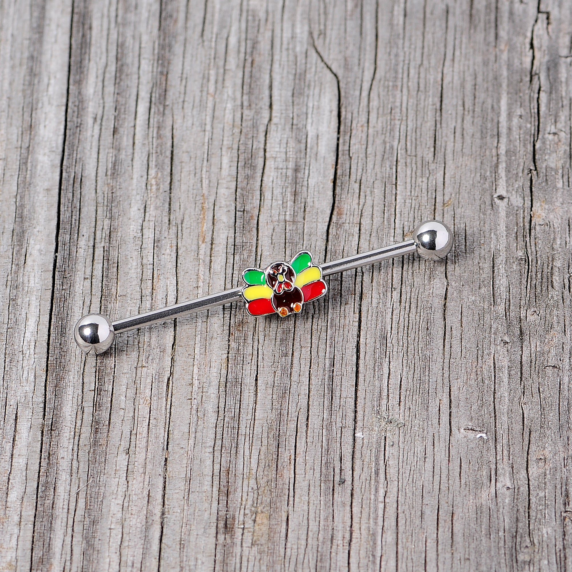 BodyCandy 14G Rasta Turkey Thanksgiving Industrial Barbell 38mm — lifestyle context