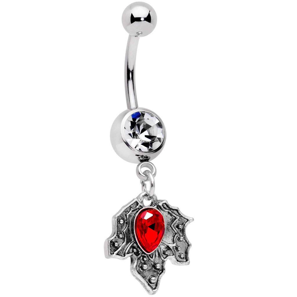 BodyCandy Clear Red Gem Holiday Holly Leaf Christmas Dangle Belly Ring — main product shot