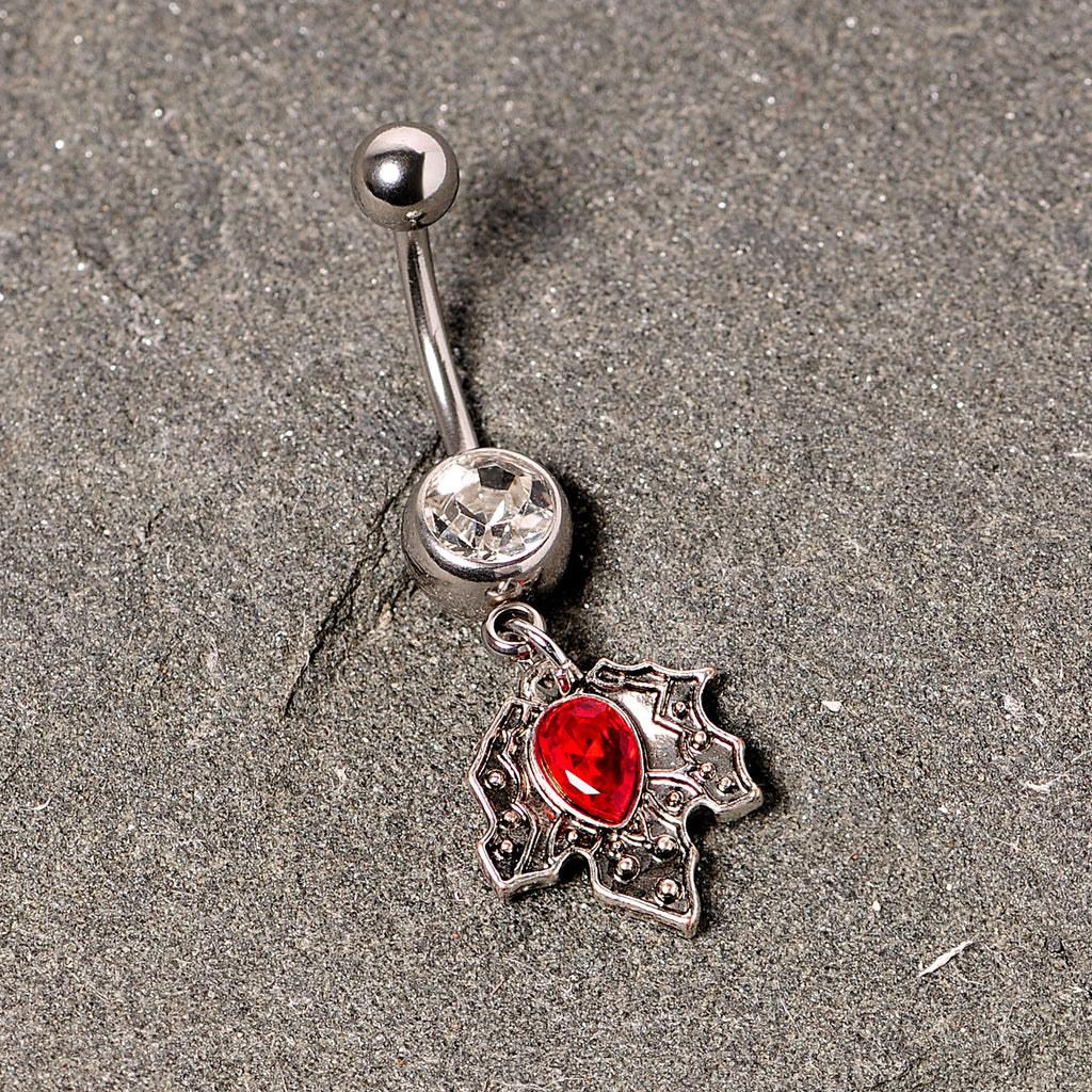 BodyCandy Clear Red Gem Holiday Holly Leaf Christmas Dangle Belly Ring — lifestyle context