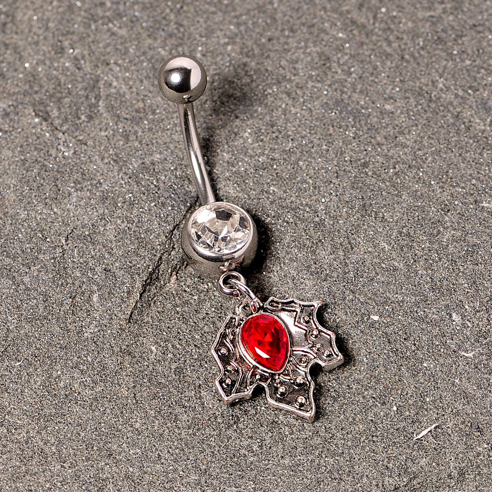 BodyCandy Clear Red Gem Holiday Holly Leaf Christmas Dangle Belly Ring — lifestyle context