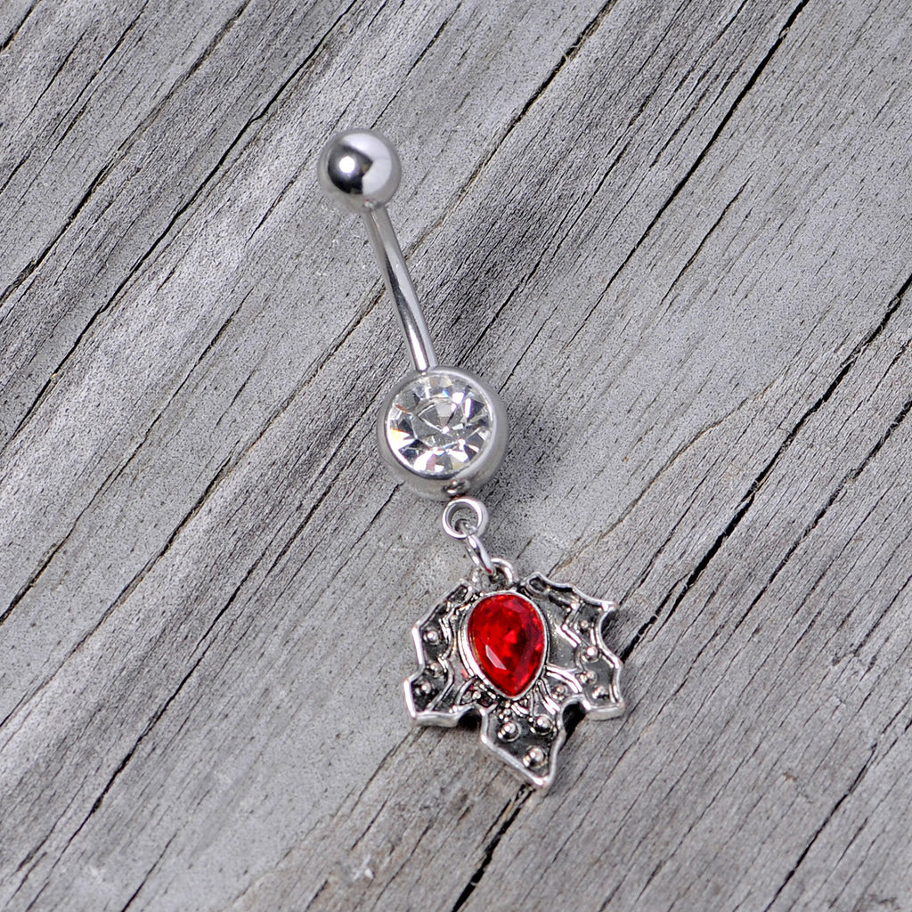 BodyCandy Clear Red Gem Holiday Holly Leaf Christmas Dangle Belly Ring — side view