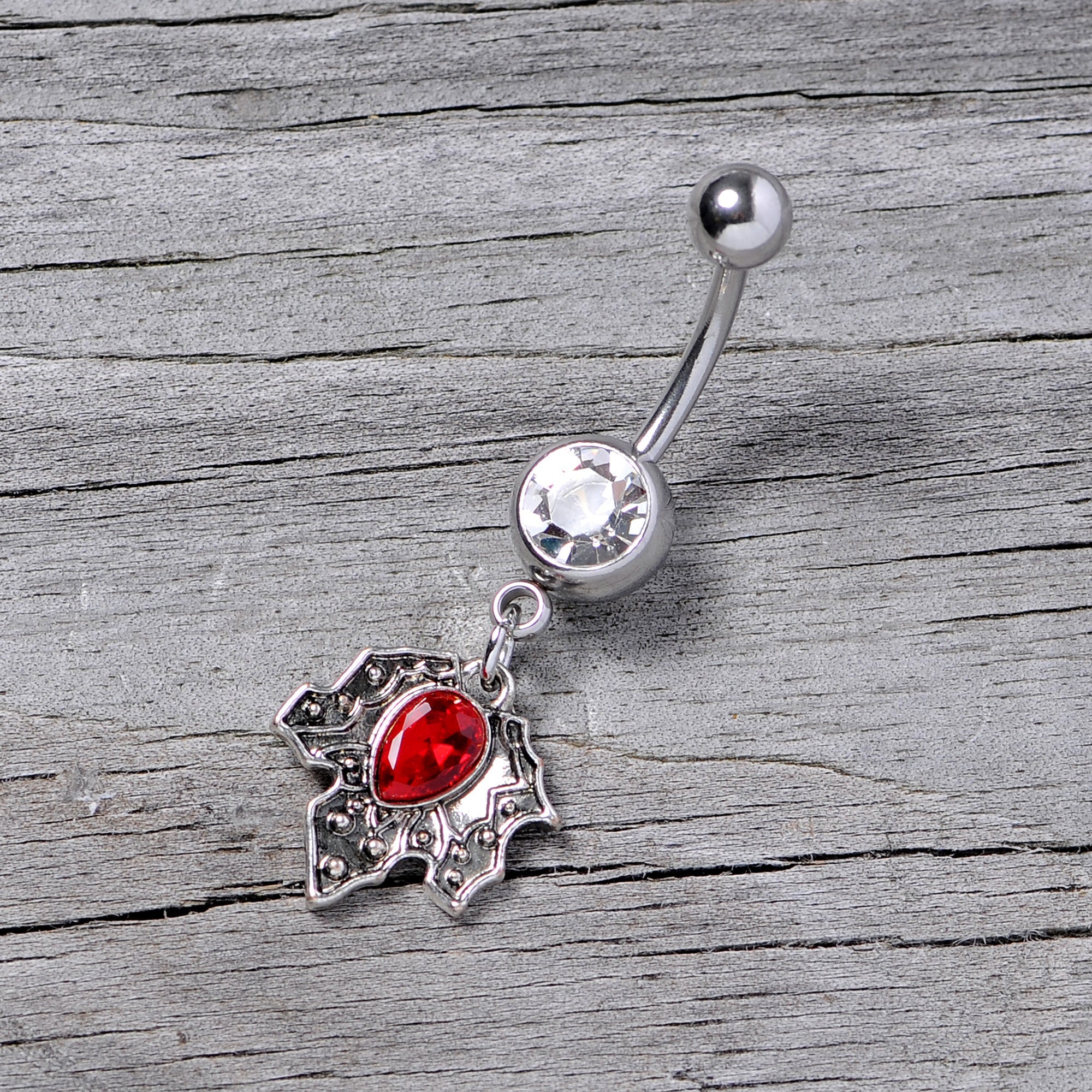 BodyCandy Clear Red Gem Holiday Holly Leaf Christmas Dangle Belly Ring — back view