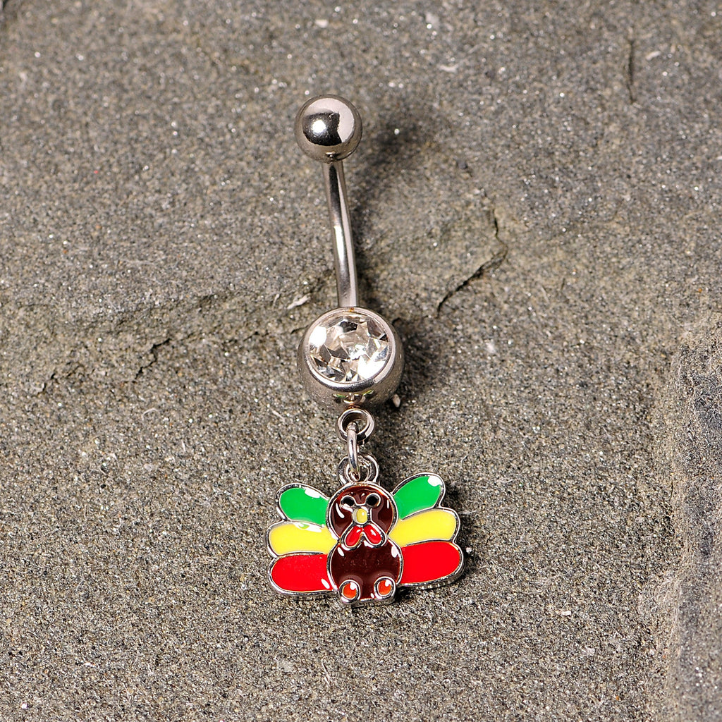 BodyCandy Clear Gem Red Green Rasta Thanksgiving Turkey Dangle Belly Ring — lifestyle context