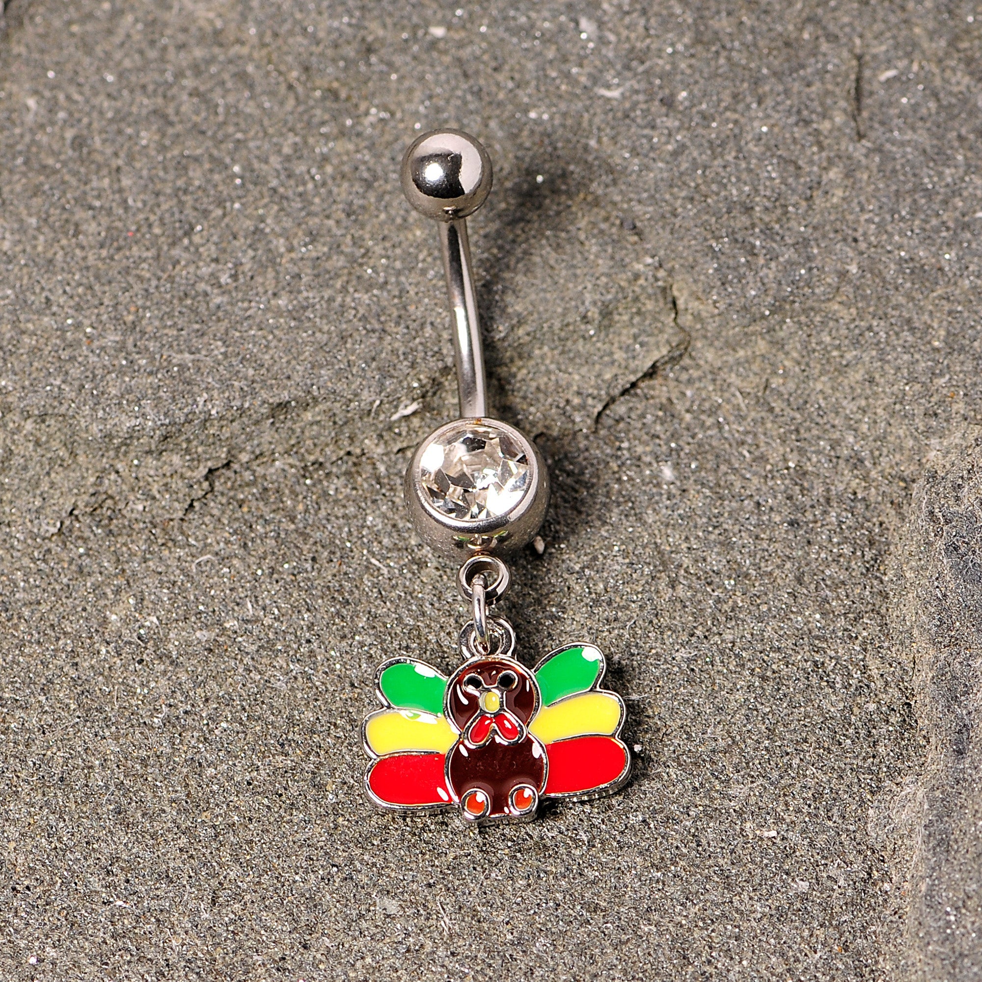 BodyCandy Clear Gem Red Green Rasta Thanksgiving Turkey Dangle Belly Ring — lifestyle context