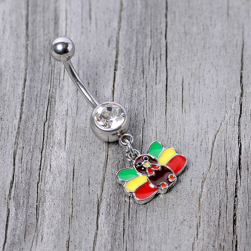 BodyCandy Clear Gem Red Green Rasta Thanksgiving Turkey Dangle Belly Ring — side view