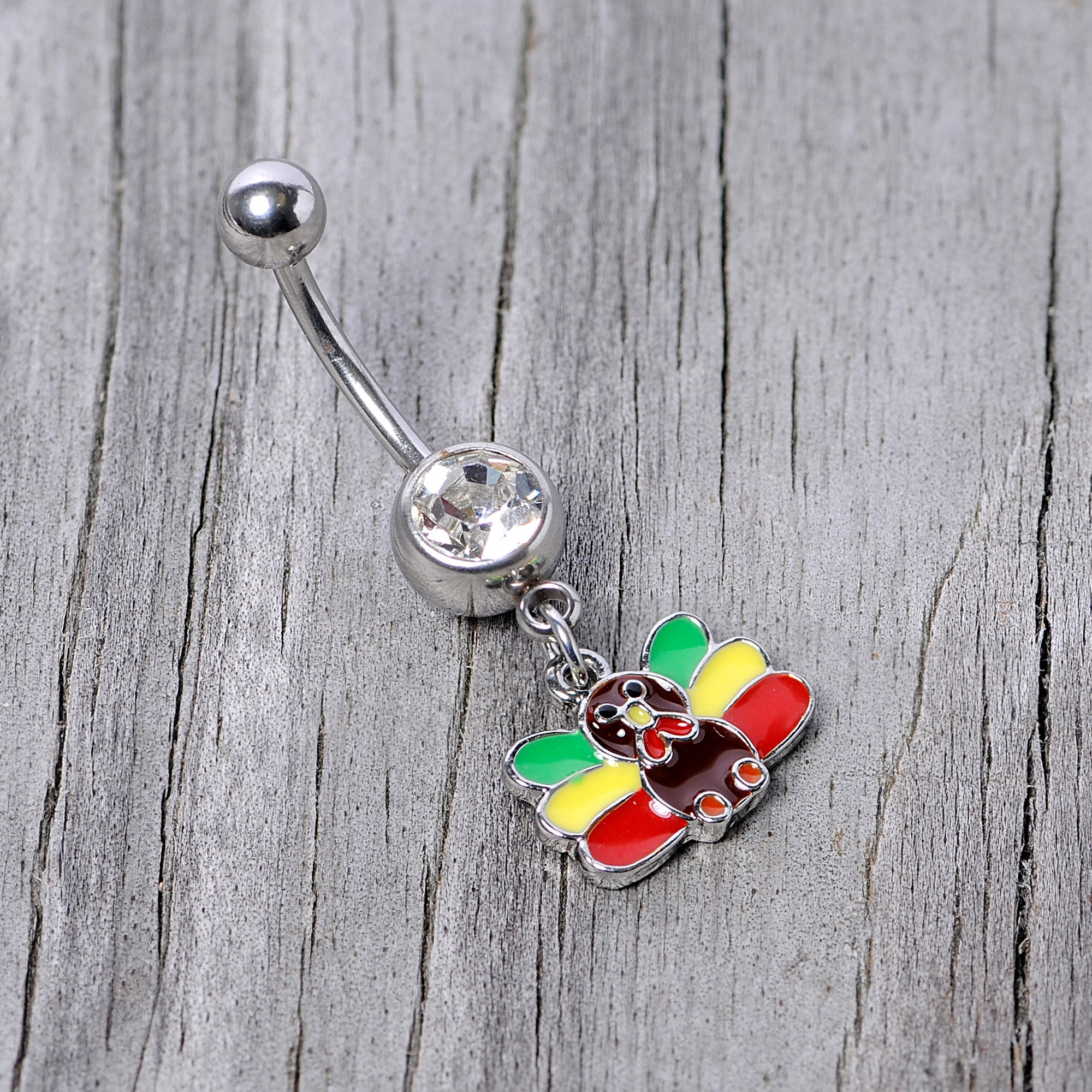 BodyCandy Clear Gem Red Green Rasta Thanksgiving Turkey Dangle Belly Ring — side view