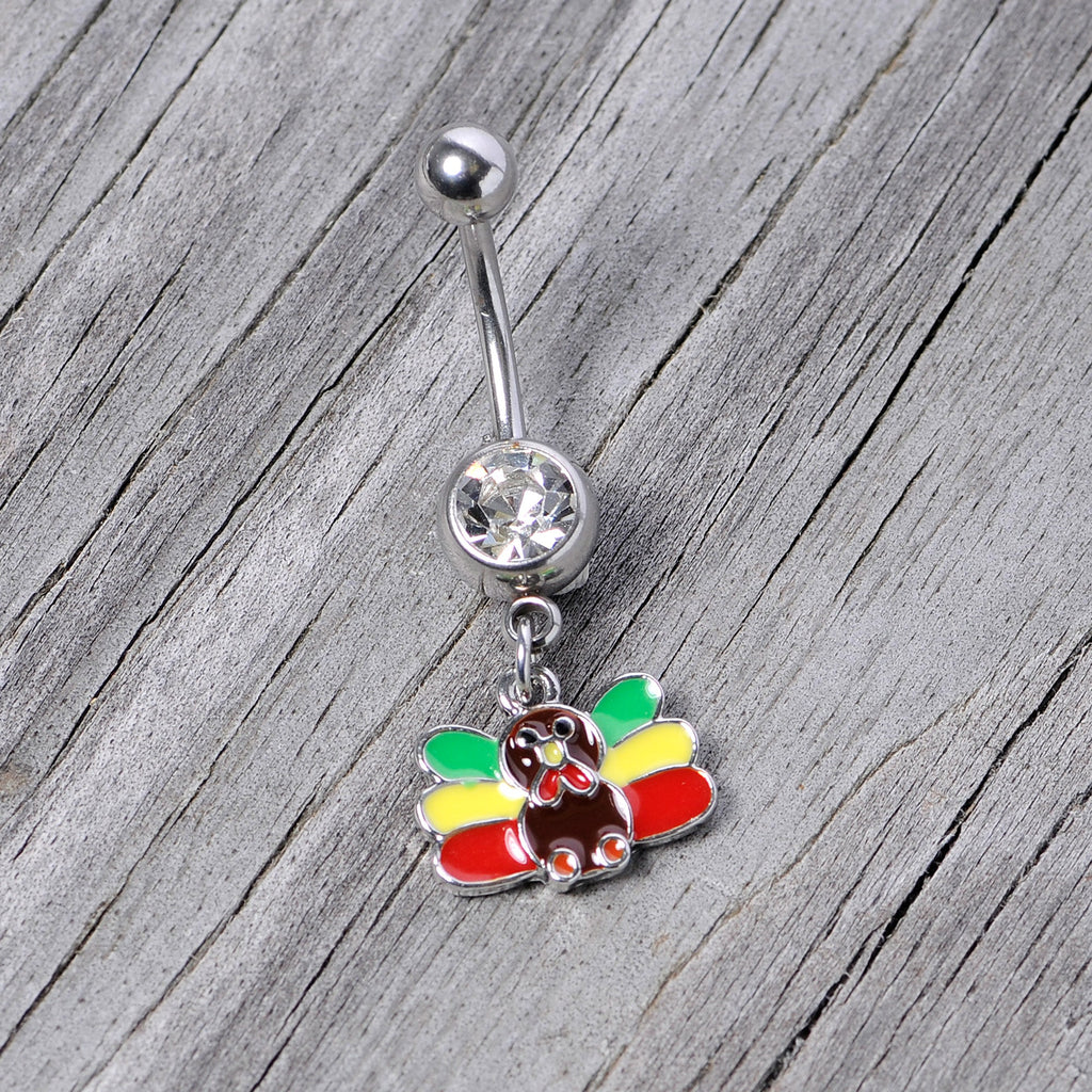 BodyCandy Clear Gem Red Green Rasta Thanksgiving Turkey Dangle Belly Ring — back view
